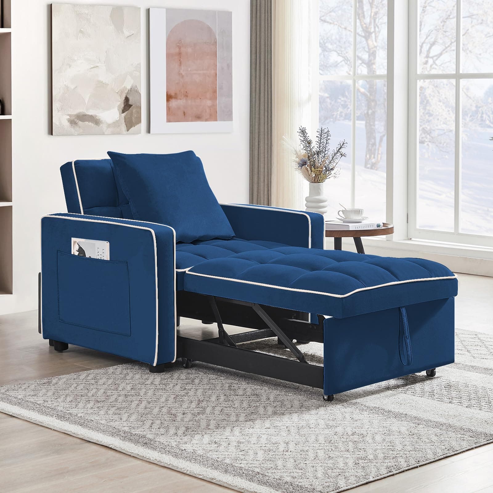 KINFFICT Sleeper Sofa Chair Bed, Convertible 3-in-1 Sofa Armchair, Adjustable Sleeper Chair with Pullout Bed, Single Lounger Futon Chair Bed with Side Pockets for Living Room