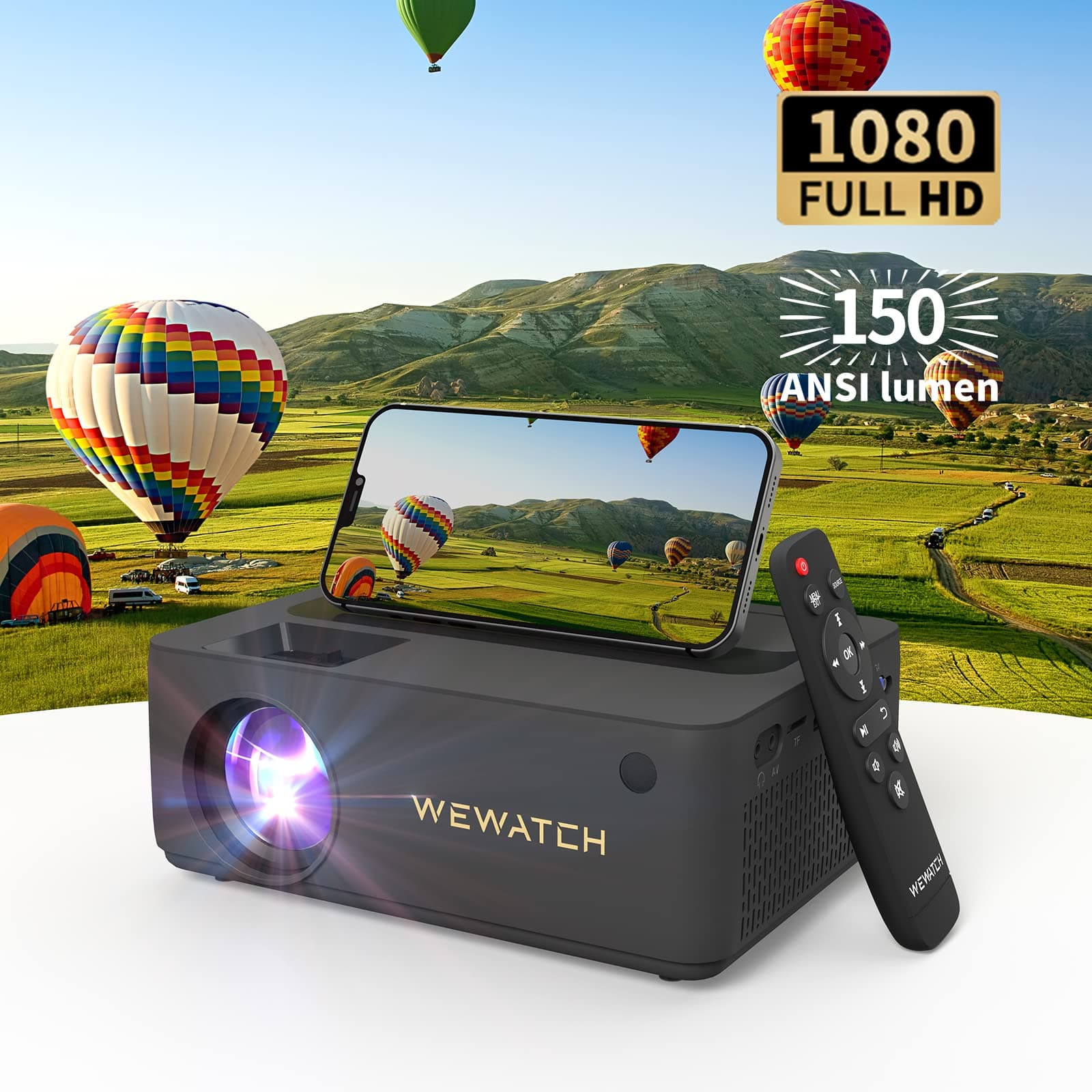 WEWATCHMini Projector, WiFi Bluetooth Projector Native 1080P Full HD, 13500L Portable Outdoor Movie Projector, Home Theater Video Projector Compatible with TV Stick,Smartphone,Laptop,HDMI,USB,AV,VGA