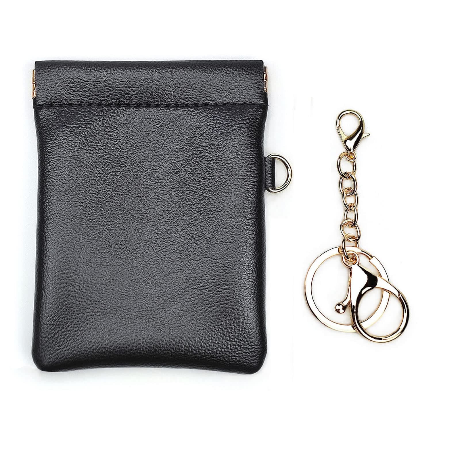 Leather Squeeze Coin Purse with Keychain Small Change Holder Slim Wallet Pouch Card Holder For Women & Men (Black)
