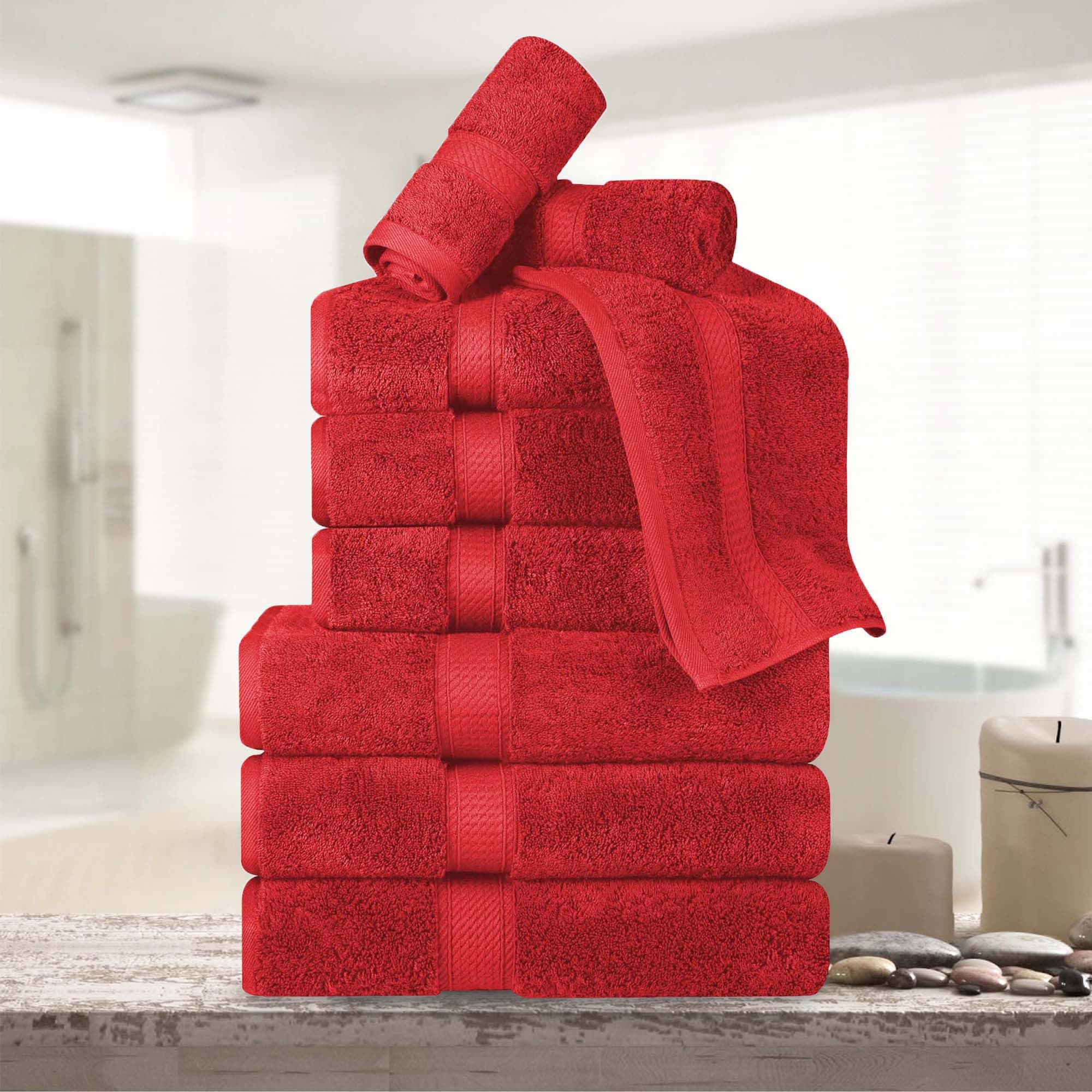 Superior Egyptian Cotton Pile 9 Piece Towel Set, Includes 3 Bath, 3 Hand, 3 Face Towels/Washcloths, Ultra Soft Luxury Towels, Thick Plush Essentials, Guest Bath, Spa, Hotel Bathroom, Red