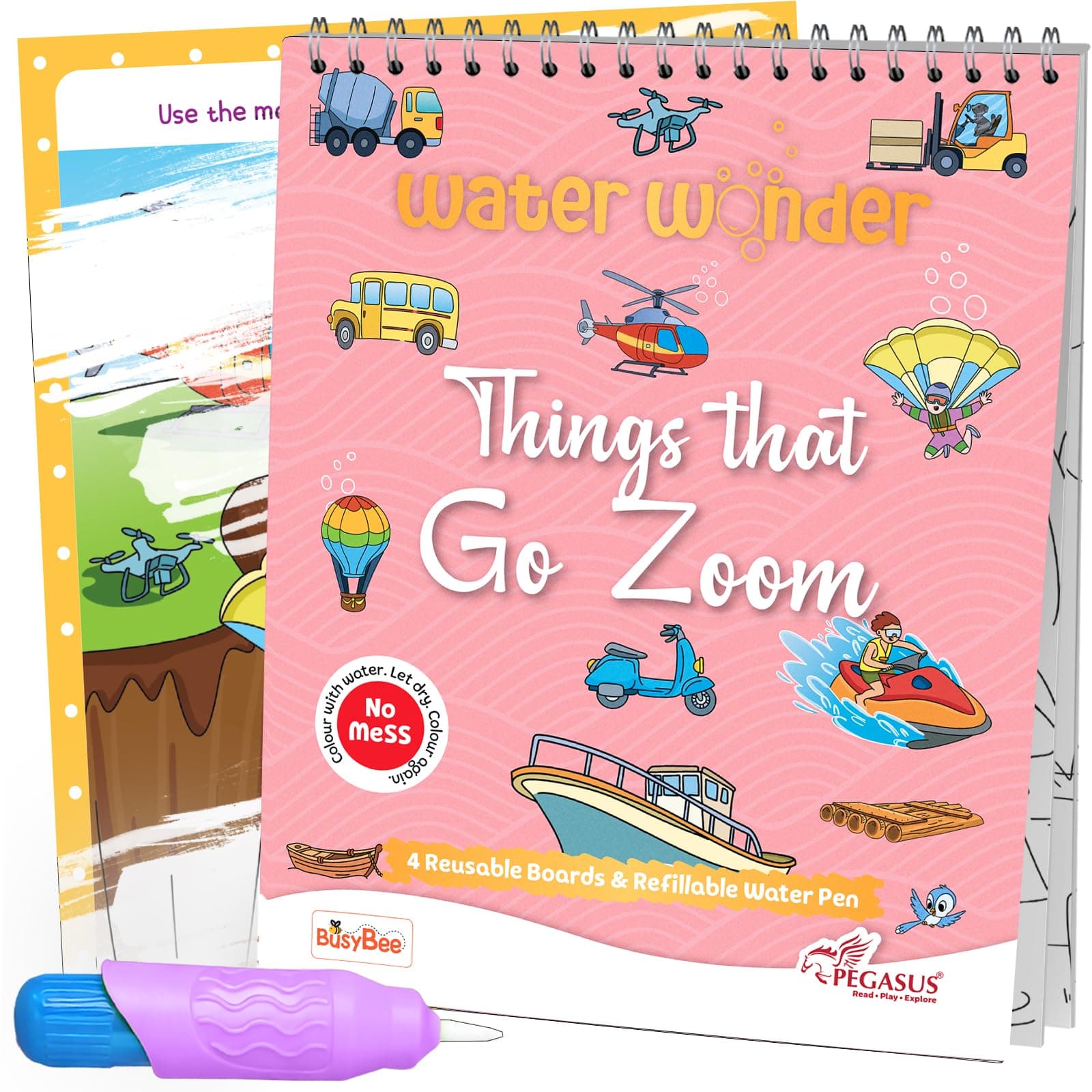 Reusable Magic Water Coloring Book For Kids, Educational Fun Time for Kids, Mess-Free Art with Quick Dry Technology (Vehicles Theme | 4 Reusable Coloring & Activity Boards | 1 Refillable Water Pen)