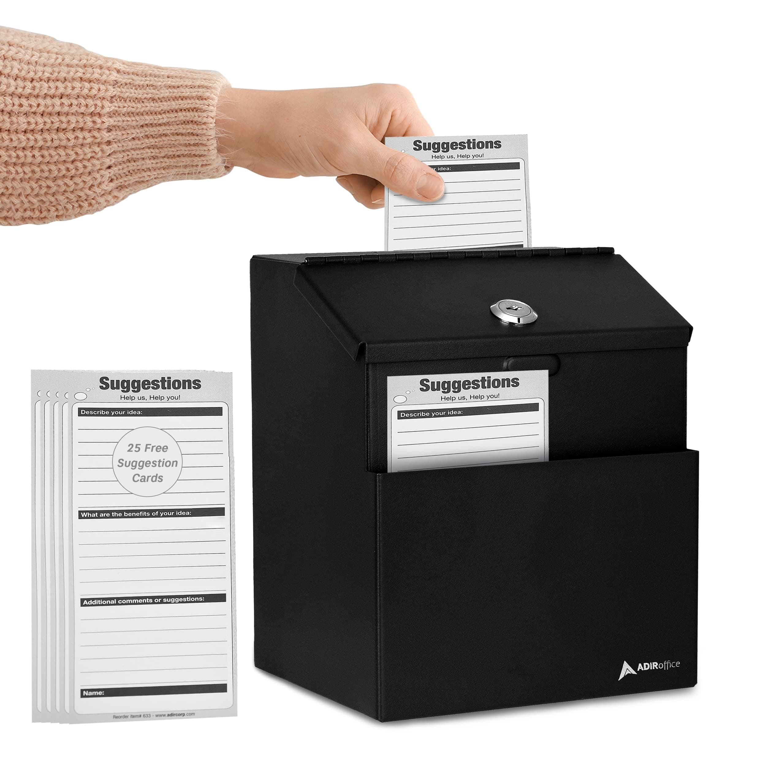 Adir Corp. Wall Mountable Steel Suggestion Box With Lock - Donation & Collection Box - Ballot & Key Drop Box - Safe Storage Box With 25 Suggestion Cards (Black)