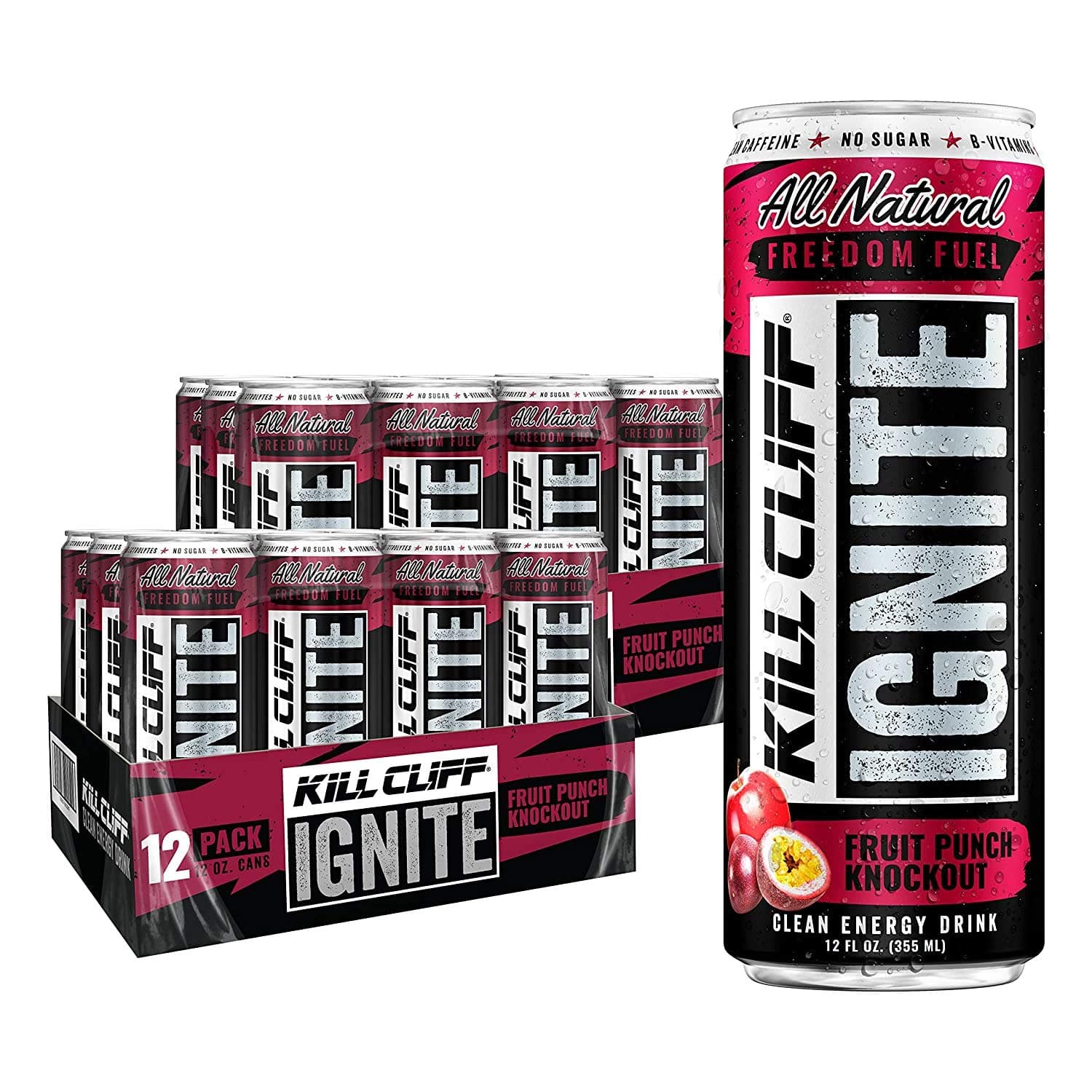 Kill Cliff Ignite Fruit Punch Knockout Clean Energy Drink Natural Caffeine from Green Tea, Electrolytes, No Sugar, Nothing Artificial, KETO Friendly,12 Fl Oz (Pack of 24)