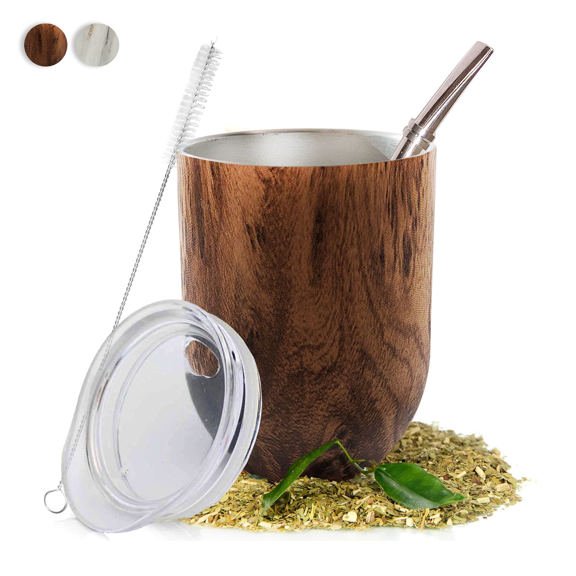 Norte Group Yerba Mate Cup Gourd Set Brown (8 Ounces) - Includes Bombilla & Cleaning Brush - Stainless Steel Double-Walled - Easy to Clean