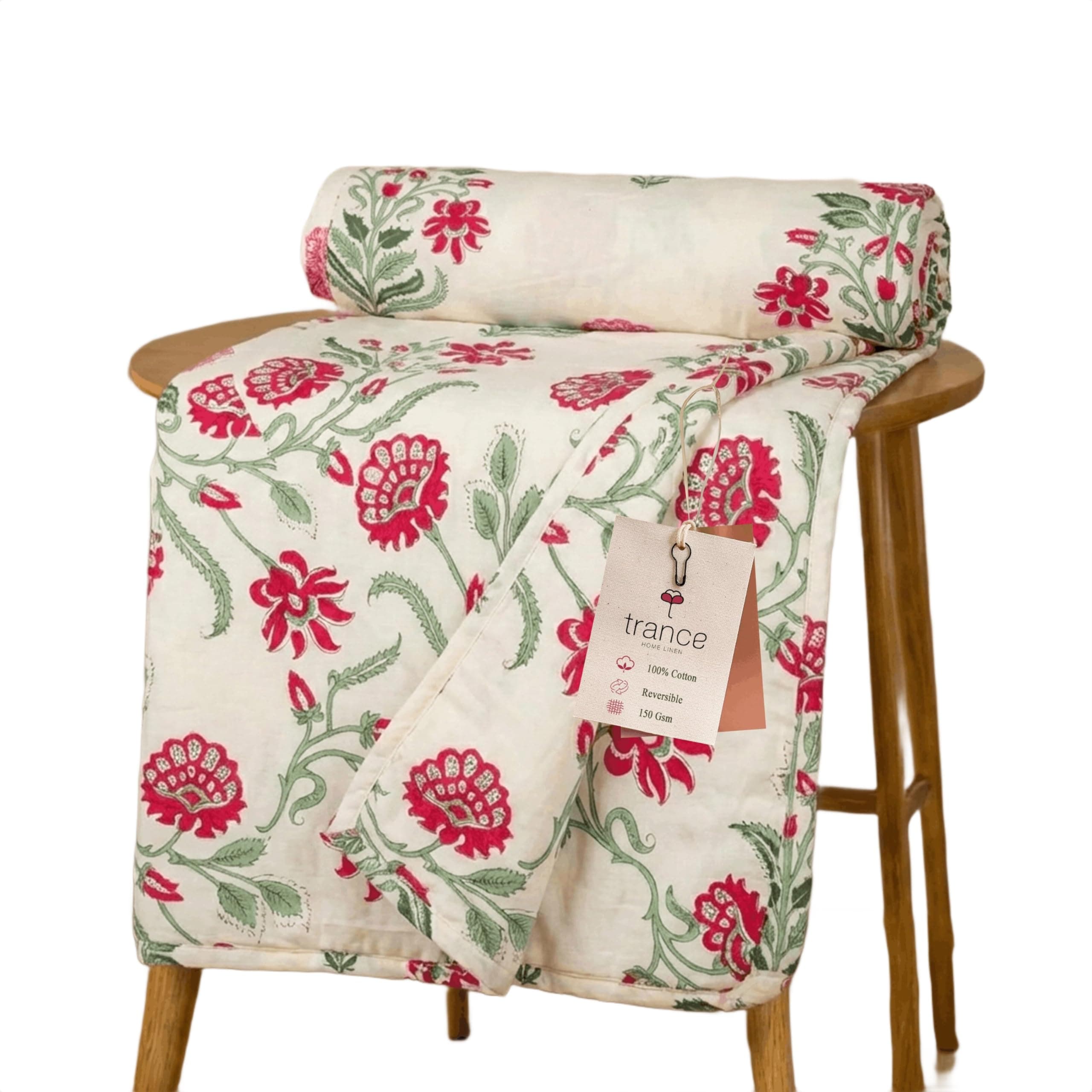 Trance Home Linen Premium 100% Cotton Dohar for Single Bed | 150 GSM | Reversible Ac Comforter | Light Weight All Season Soft Blanket (58x90 Inches | Aangan Red)