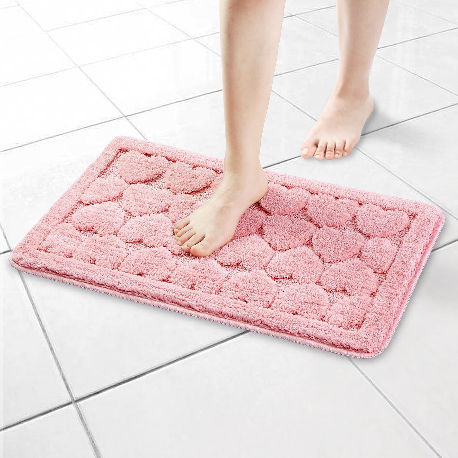 Seloom Washable Soft Cute Heart Shaped Bath Rugs with Non Slip Backing, Bath Mat Perfect for Bathroom Floor, Sink and Shower (16"×24" Pink)