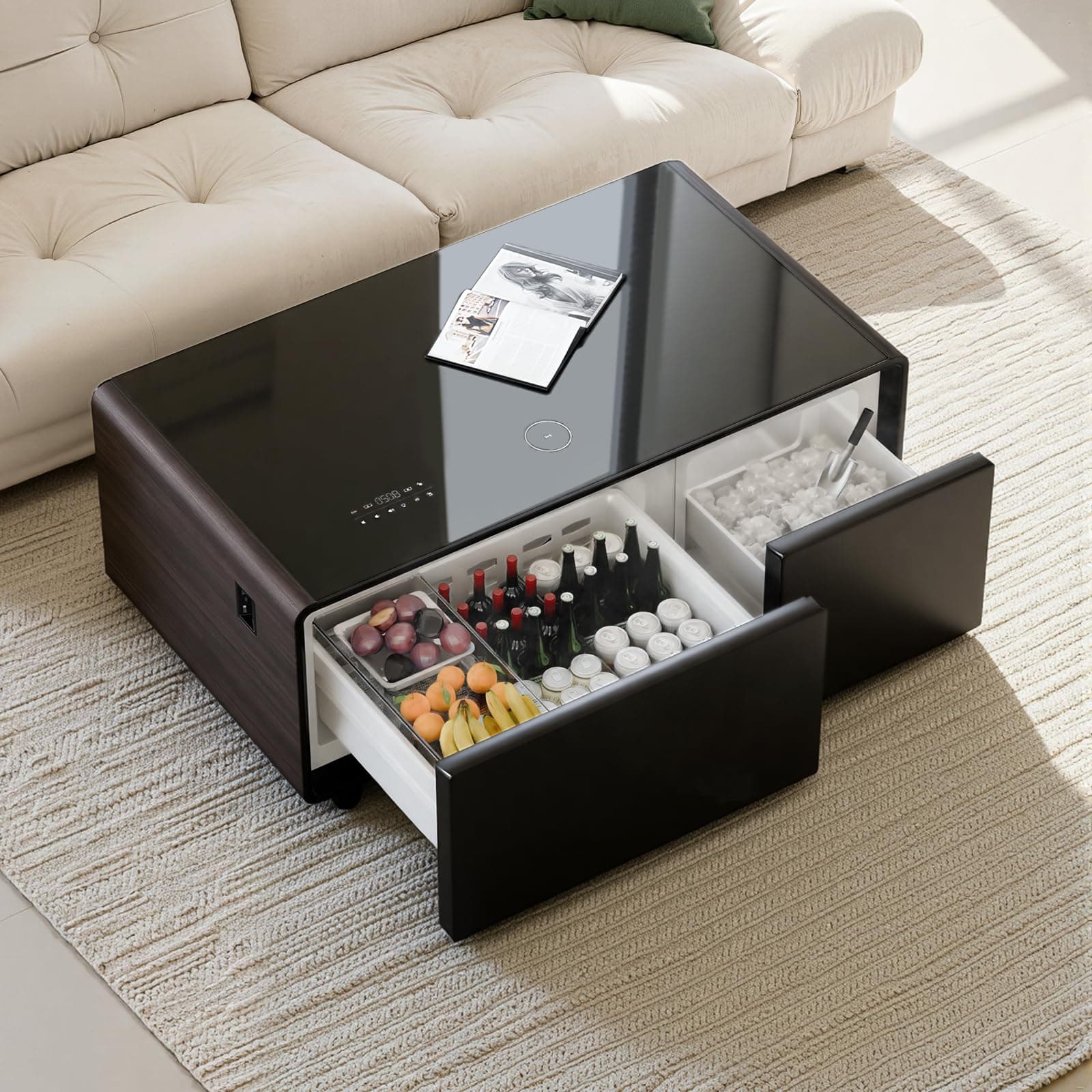 LIVTAB Smart Coffee Table, Living Room Table with Refrigerator and Freezer Drawers, 23" D x 41.5" W x 18.2" H, 15W Wireless Charging, USB Chargers and Speakers (LT90-FreezerX, Brown)