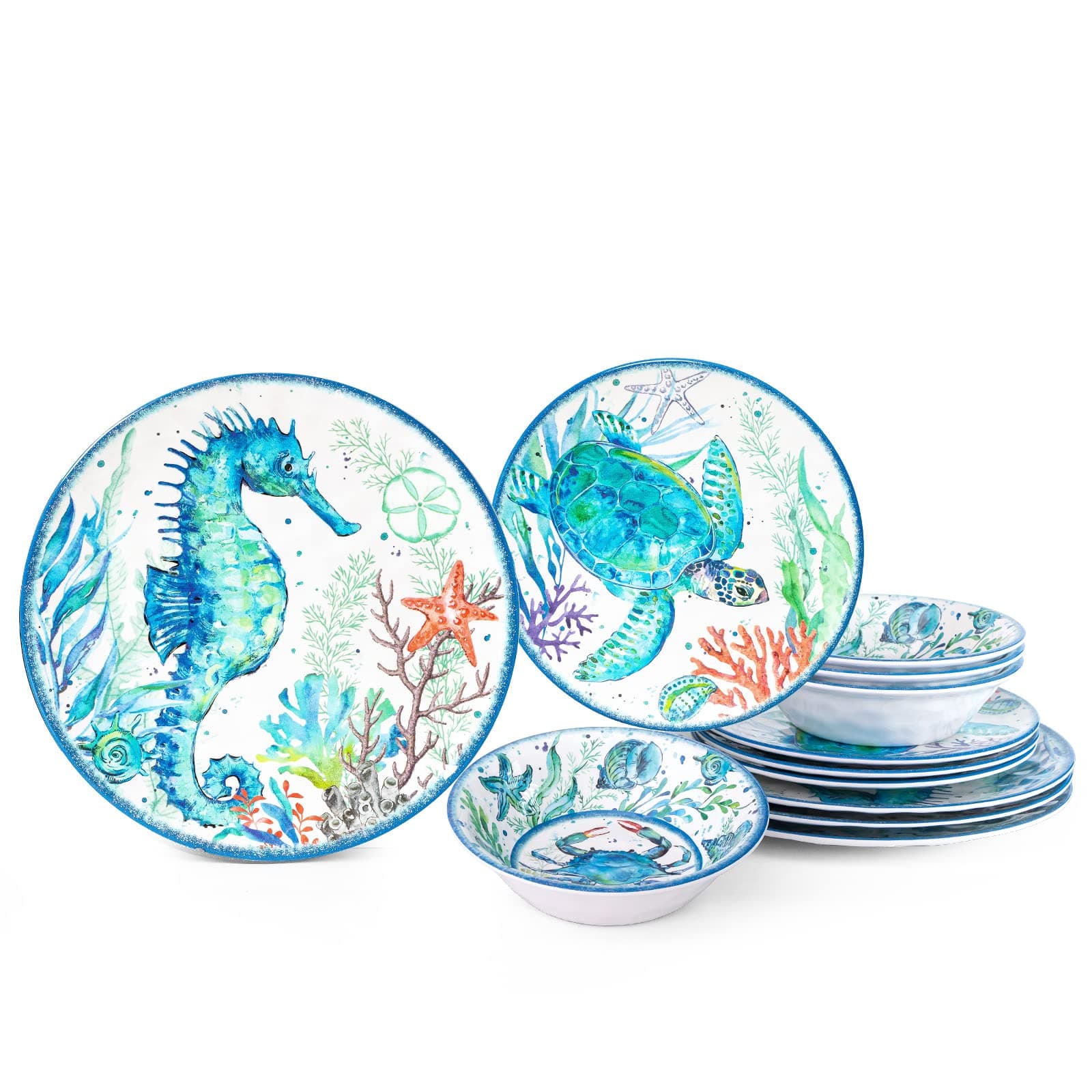 LEHAHA 12-Piece Melamine Beach Dinnerware Set, Coastal Plates and Bowls Sets, Oceanic Sea Life Dish Sets for 4, Great for Indoor Outdoor Dining on the Beach, RV, Camping or Cabin