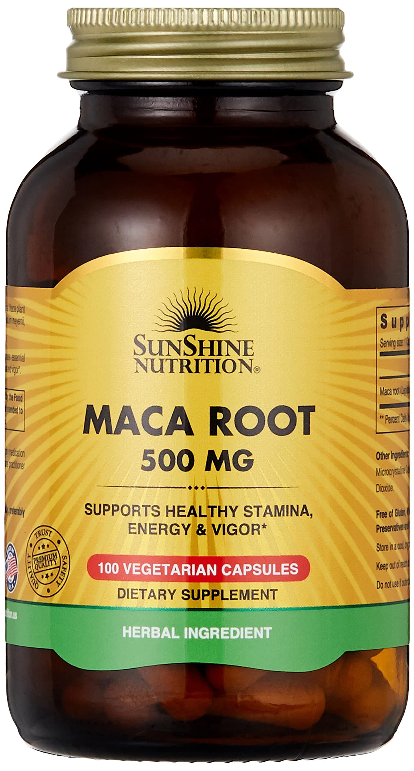 Sunshine Nutrition Maca Root, 500 Mg 100 Capsules | Support Healthy Stamina, Energy & Vigor | Herbal Supplement