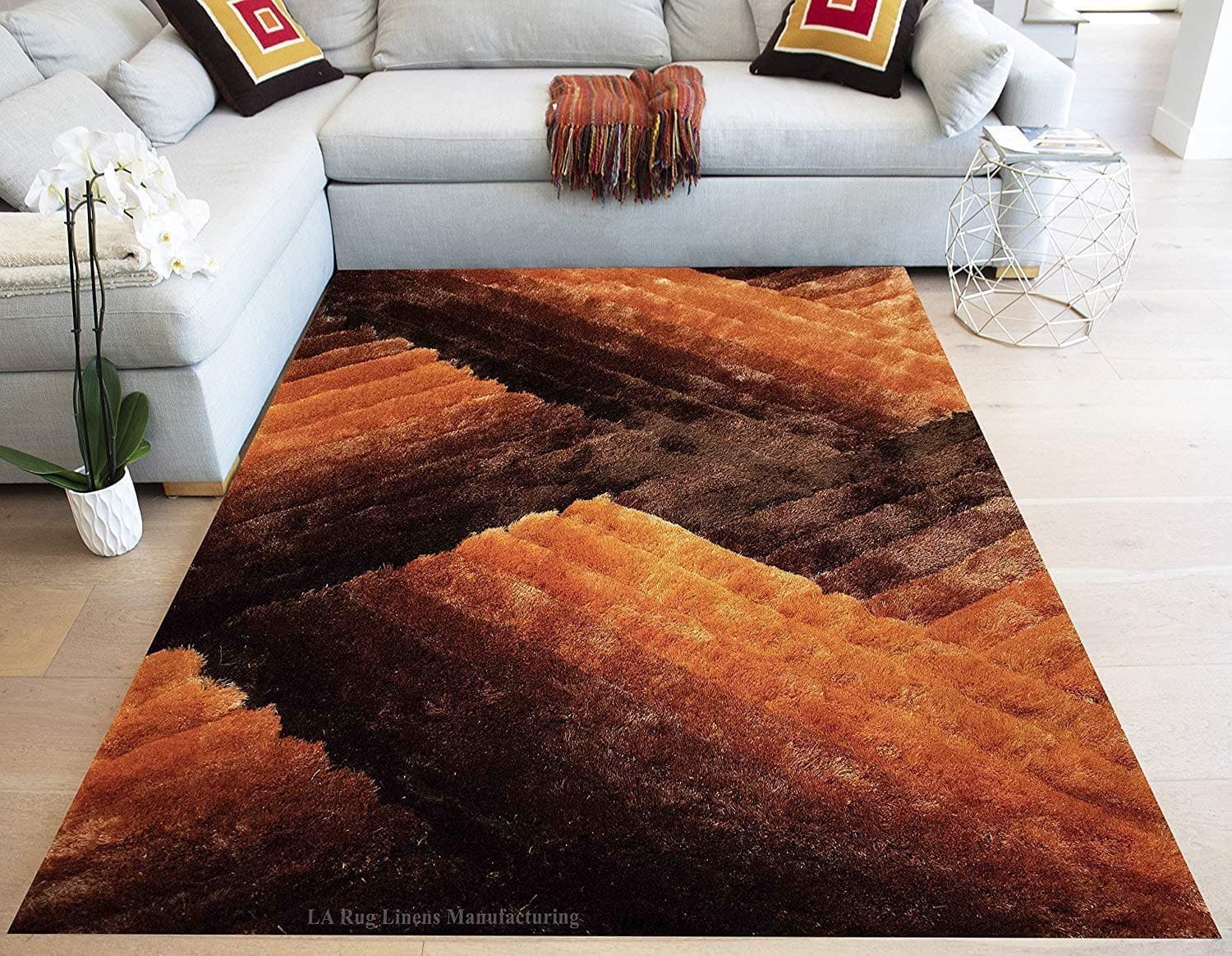 5x7 Feet Orange Rust Brown Colors Two Tone Plush Pile Shag Shaggy Fuzzy Furry 3D Area Rug Carpet Rug Modern Contemporary Decorative Designer Bedroom Living Room Office Space Dorm Room (396)