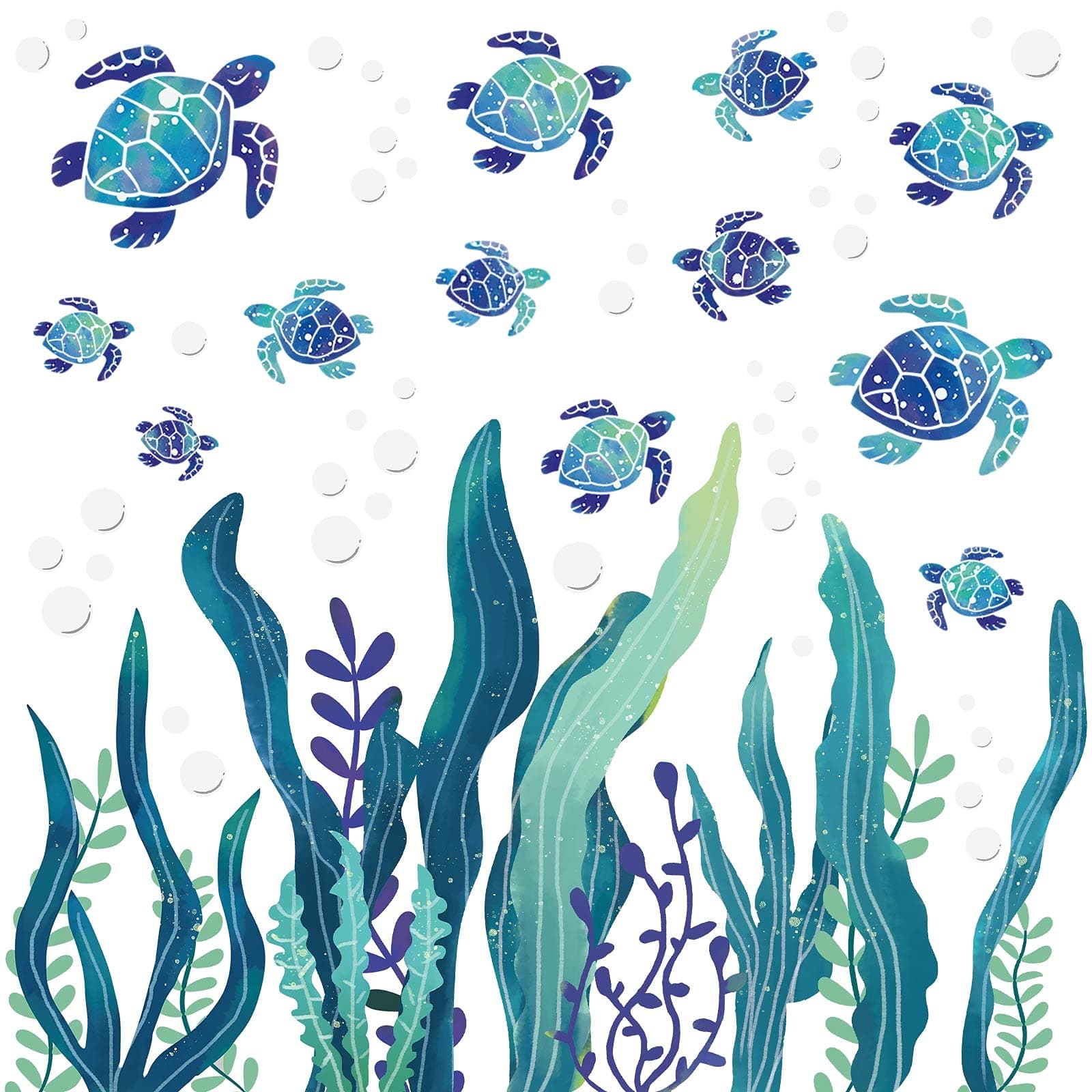 Tenare 2 Sets Under The Sea Wall Decals Sea Turtle Wall Stickers Ocean Grass Colorful Seaweed Decal Bubbles Vinyl Wall Sticker Sea Wall Decoration for Bathroom Toilet Bedroom Nursery Room