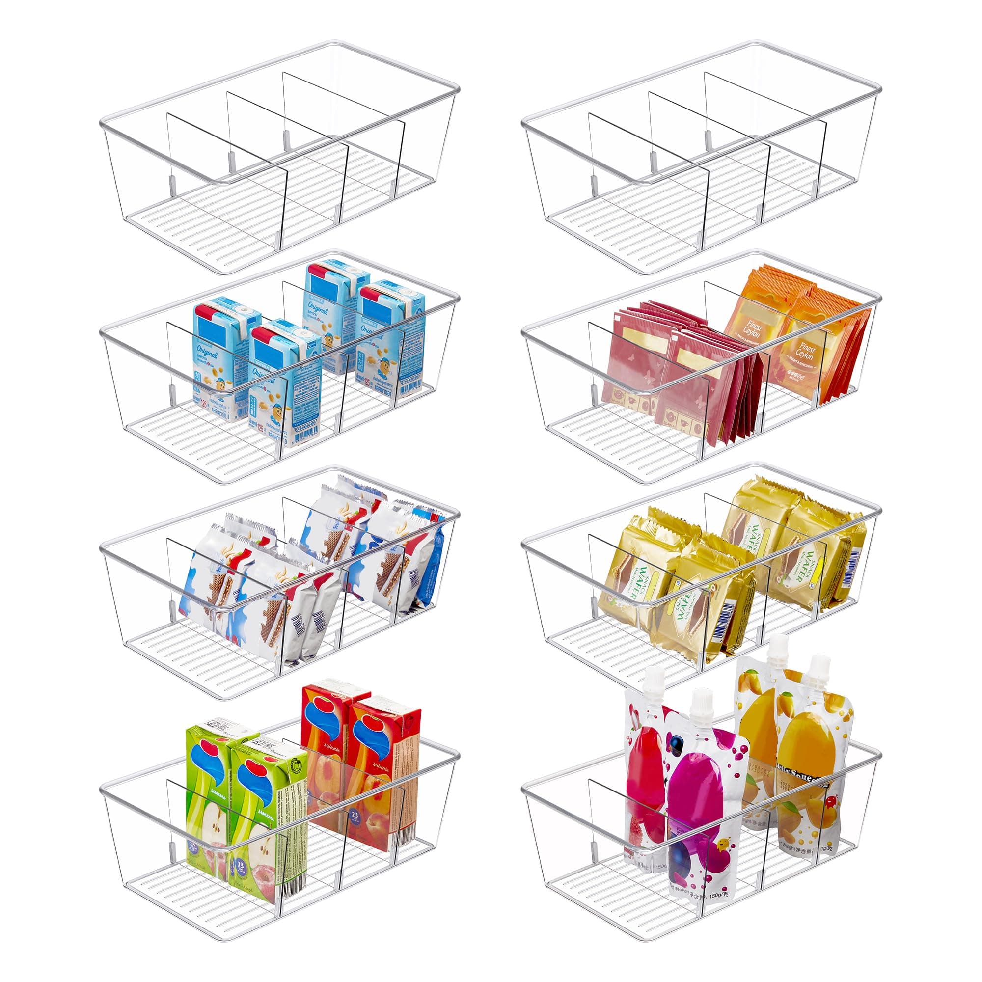 8 Pack Food Storage Organizer Bins, Clear Plastic Bins for Pantry, Kitchen, Fridge, Cabinet Organization and Storage, 4 Compartment Holder for Packets, Snacks, Pouches, Spice Packets