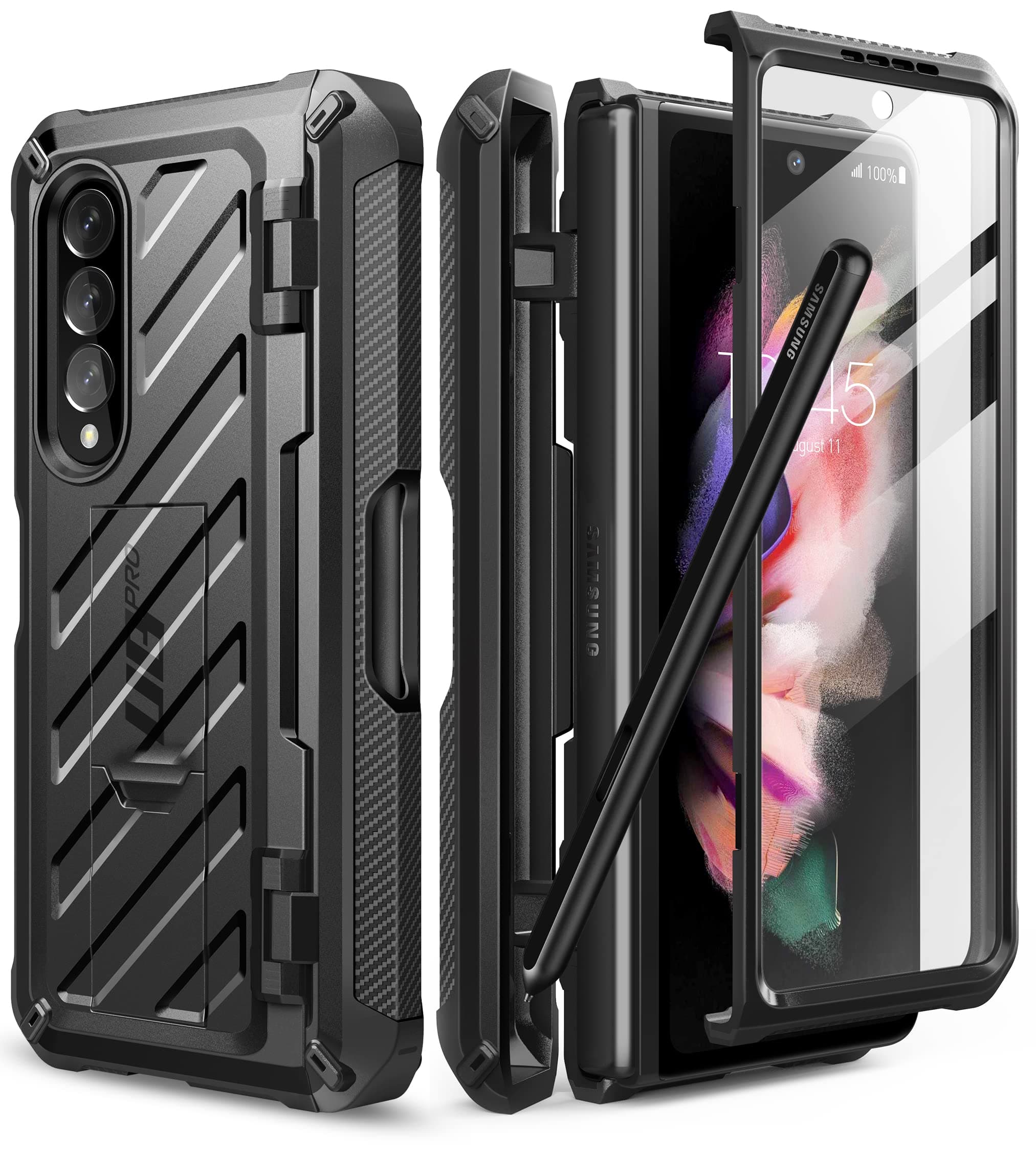 Unicorn Beetle Pro Full-Body Dual Layer Rugged Kickstand Case for 6.2-Inch Samsung Galaxy Z Fold 3 5G (2021), Thermoplastic Polyurethane, Built-in Screen Protector, Black