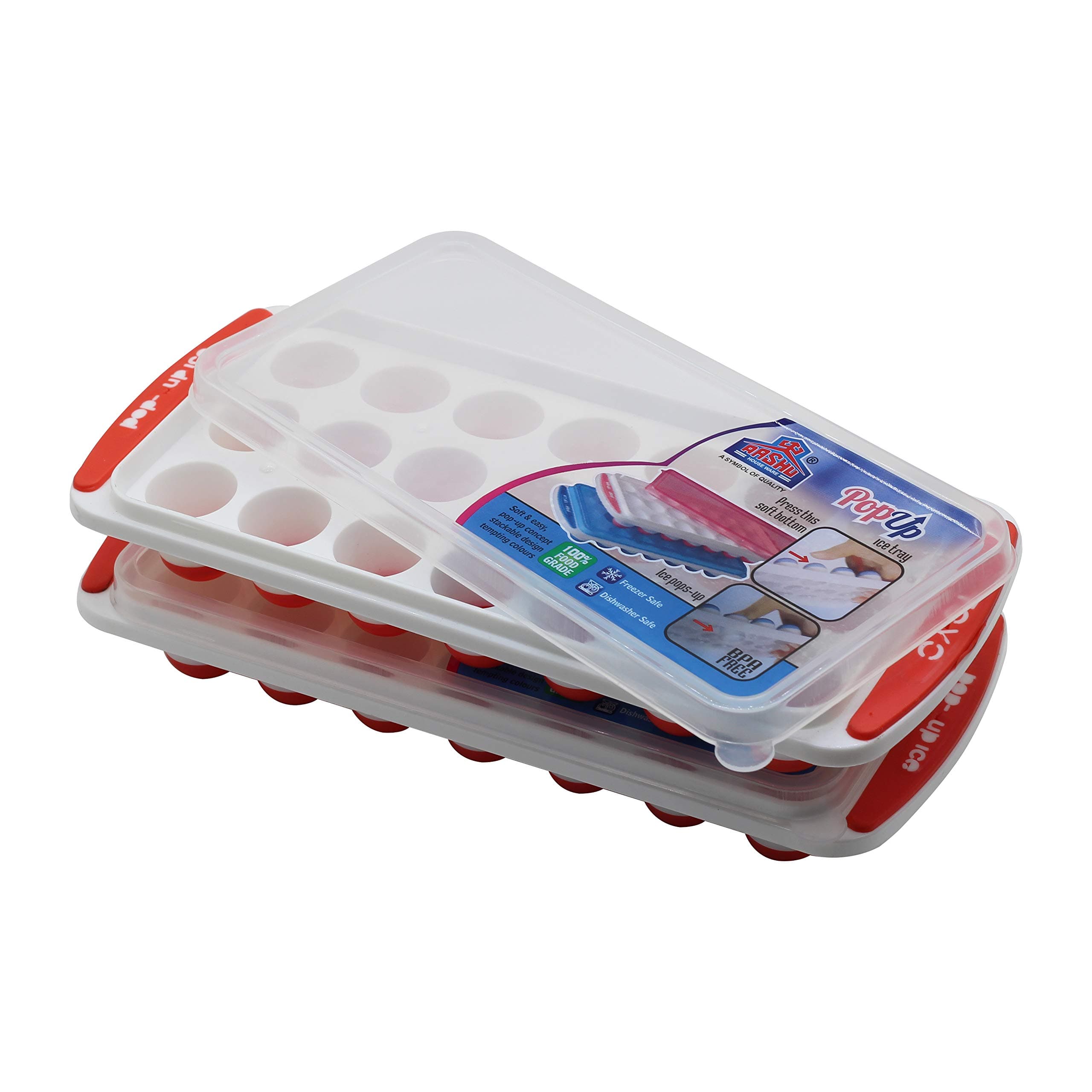 Aashu® Pack of Easy Push Premium Pop Up Ice Cube Tray for Freezer with Lid with Flexible Silicon Bottom and Over Lid, 21 Cube, 100% BPA Free Stackable Durable and Dishwasher Safe-(Pack of 2)