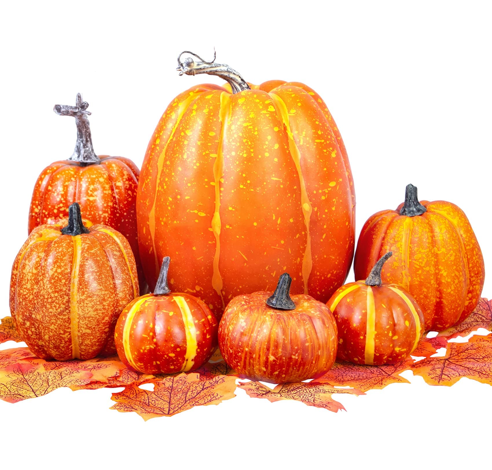 7 Pcs Orange Artificial Pumpkins with 100 Fake Maple Leaves Set Large Plastic Pumpkins for Decorating Fall Halloween Thanksgiving Autumn Wedding Home Decor Table Decorations