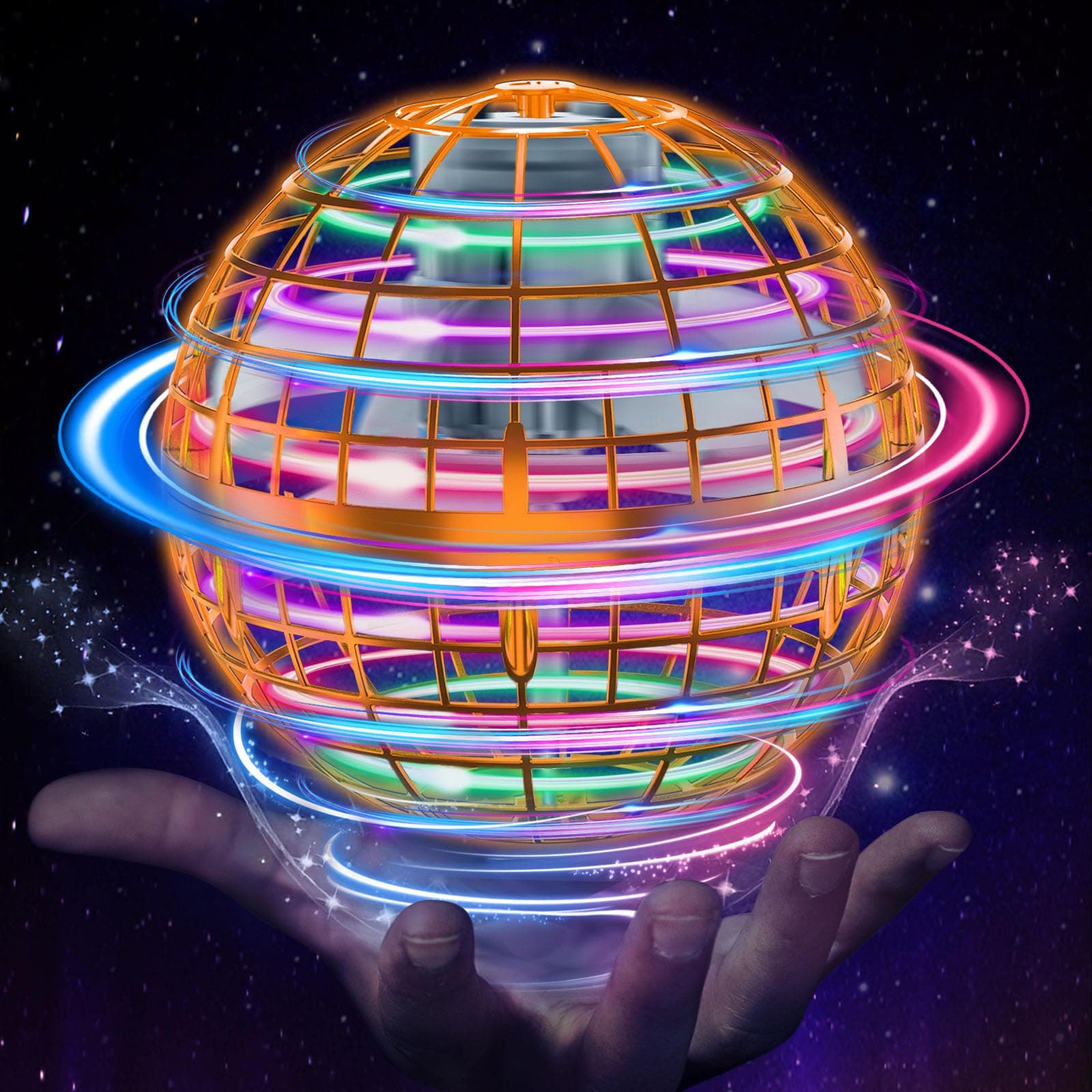 Flying Orb Ball Toys Hover Soaring Flying Toy Cosmic Globe Magic Boomerang Spinner Hand Controlled Mini Drone Cool Stuff Gift for 6 7 8 9 10+ Year Old Kids Boys Girls Outdoor Indoor (Orange)