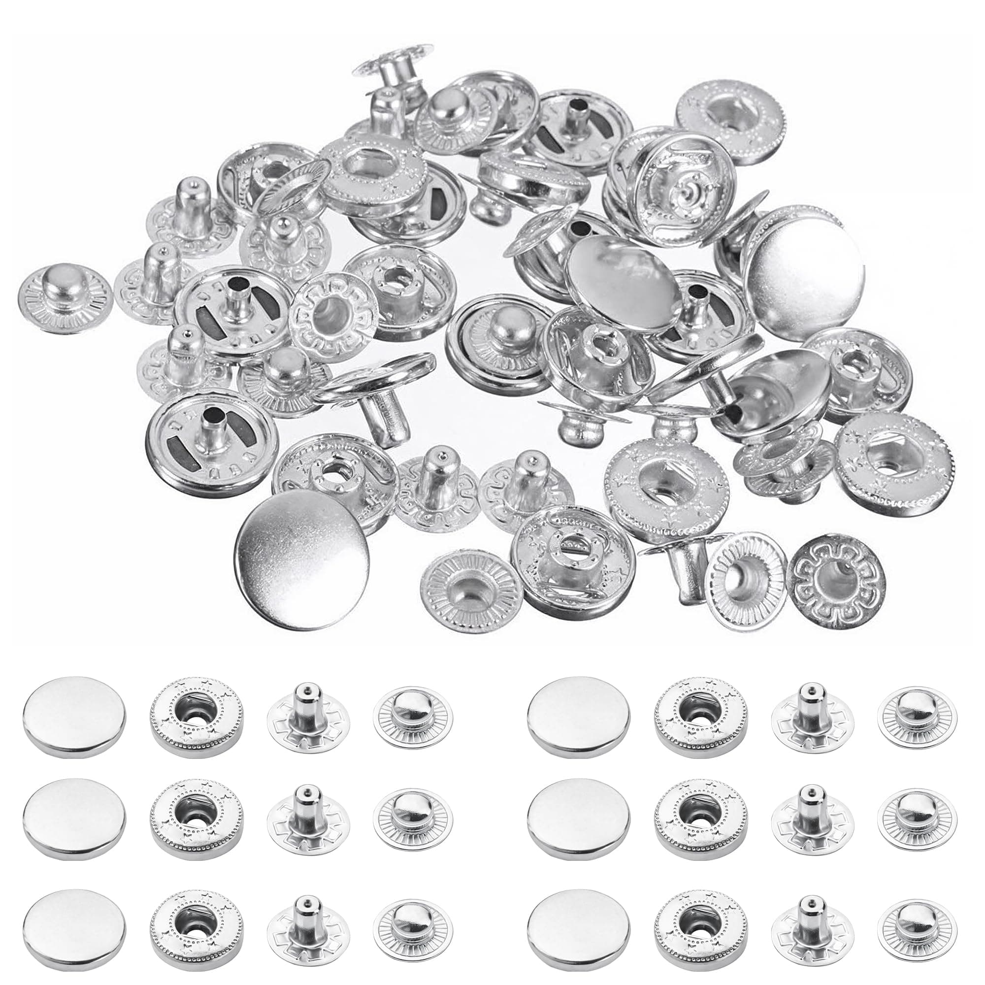 Trimming Shop S Spring Press Studs 4 Part Metal Snaps Durable Lightweight Fasteners for Jeans, Leather Craft, Sewing, Clothes Repair, 15mm, Silver, 10pcs