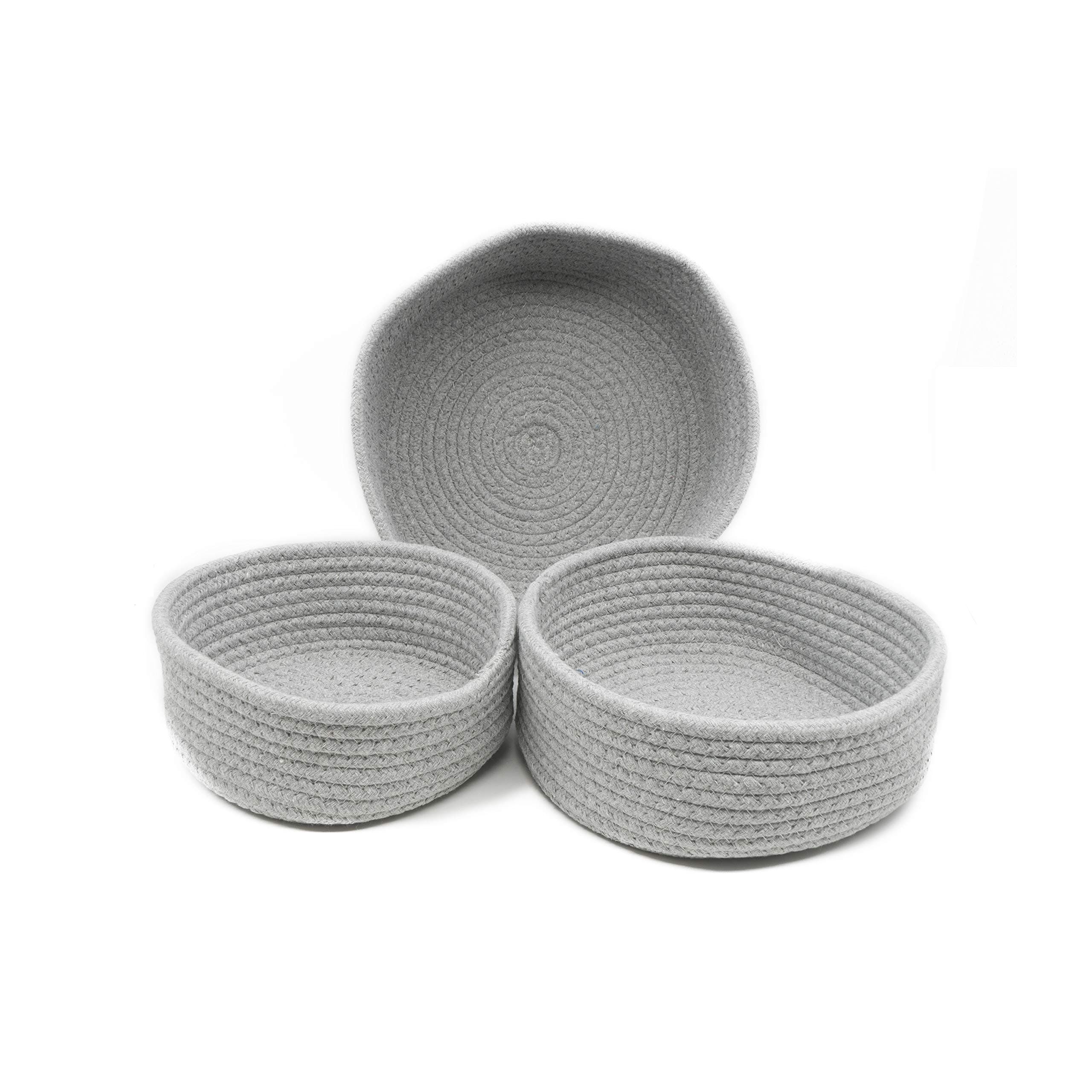 Natural Cotton Rope Storage Baskets Multi-sized 3 pieces set Round Organizer Bins for Home Decor Closet Toys Desktop Cosmetic Kid's Room Storage Nursery Bins Grey