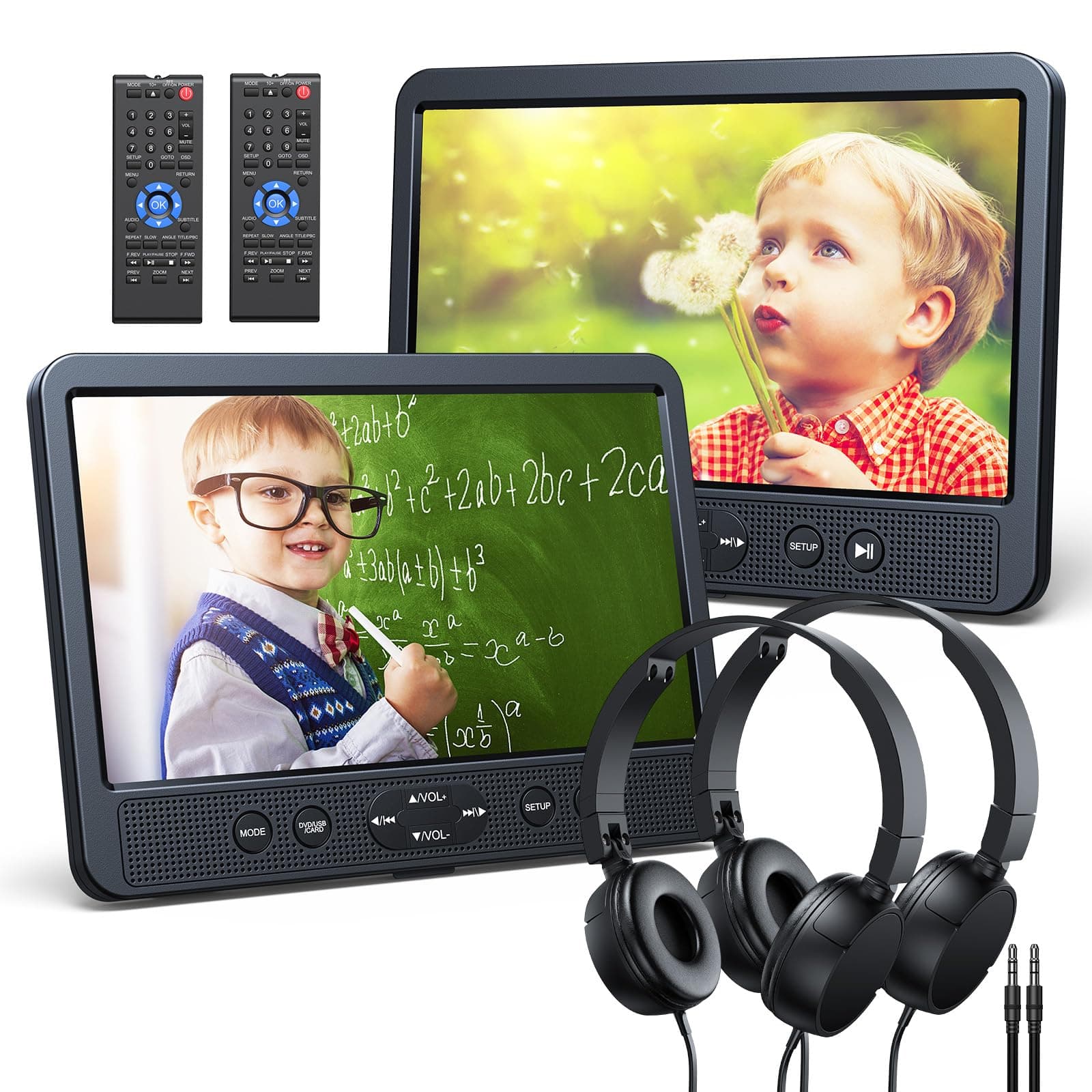 NAVISKAUTO 10.1'' Dual Car DVD Players with HDMI Input Wall Charger 2 Headphones Support Region Free, Last Memory, AV in & AV Out, USB/TF Card, Play a Same or Two Different Movies (2 X DVD Player)