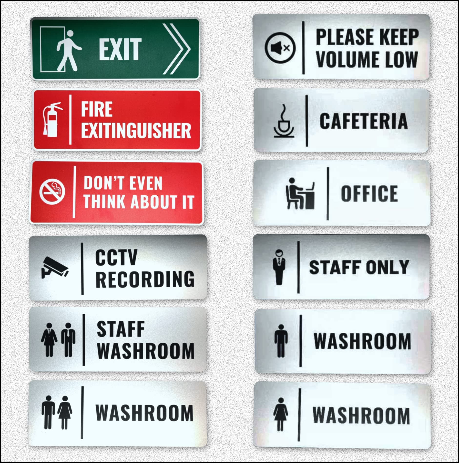 Safety Signs & Signals - Pack Of 12 | Emergency, Fire Exit Stickers, CCTV Warning Sign for Home Security | Restroom Washroom Sticker - Self Adhesive Staff Only, No Smoking Signs for Business, Office