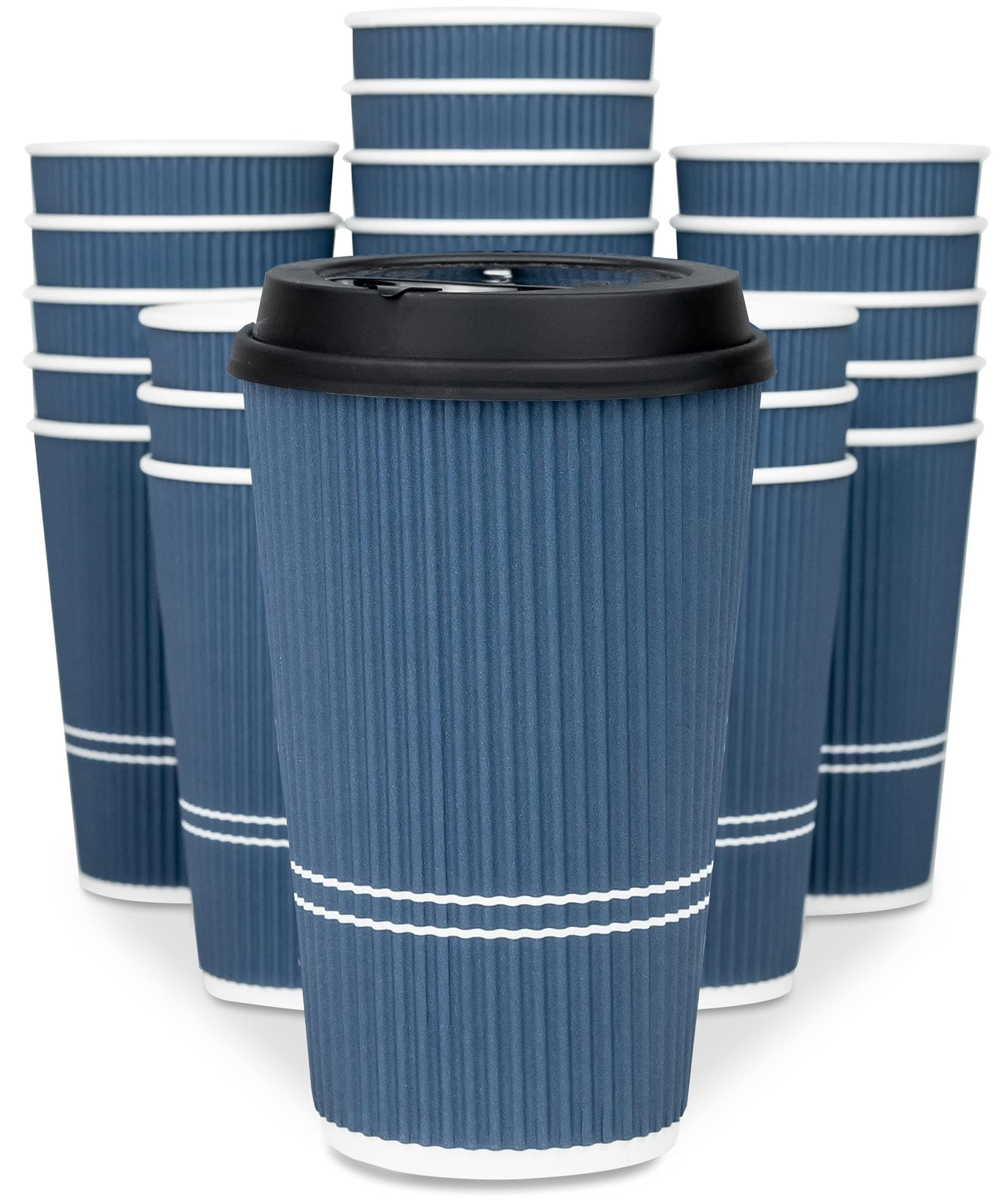 Disposable Coffee Cups With Lids - 16 oz To Go Coffee Cup (70 Set). Large Travel Cups Hold Shape With Hot and Cold Drinks, No Leaks! Insulated Ripple Cup Protect Hands, No Sleeves needed!