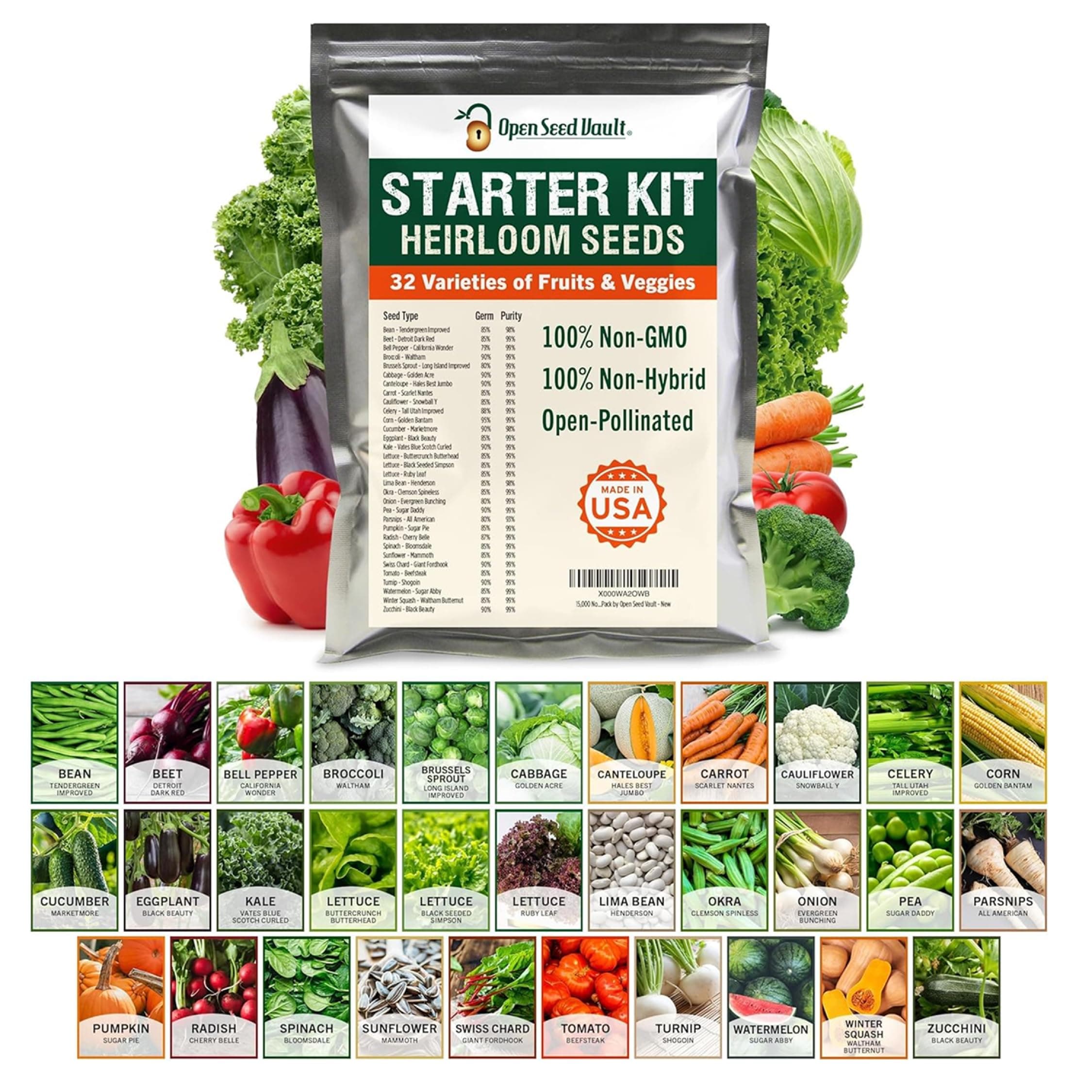 15,000 Seed 32 Vegetable Fruit Variety Garden Pack Emergency Survival Kit Mre