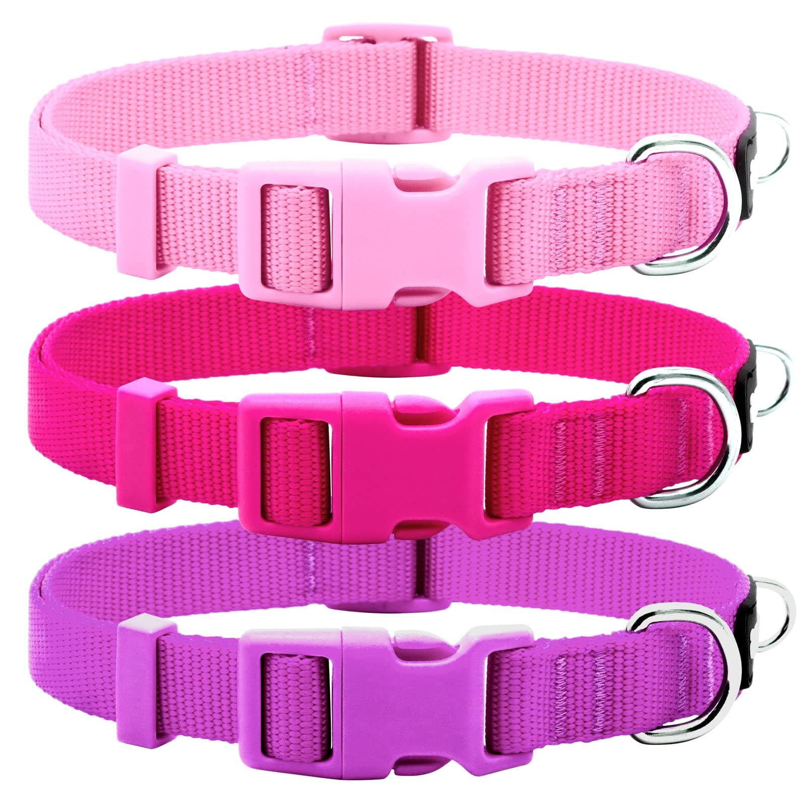 azuza 3 Pack Dog Collars Comfortable and Adjustable Nylon Dog Collars for for Small Dogs, S (11-16inch),Pink, Hot Pink and Purple