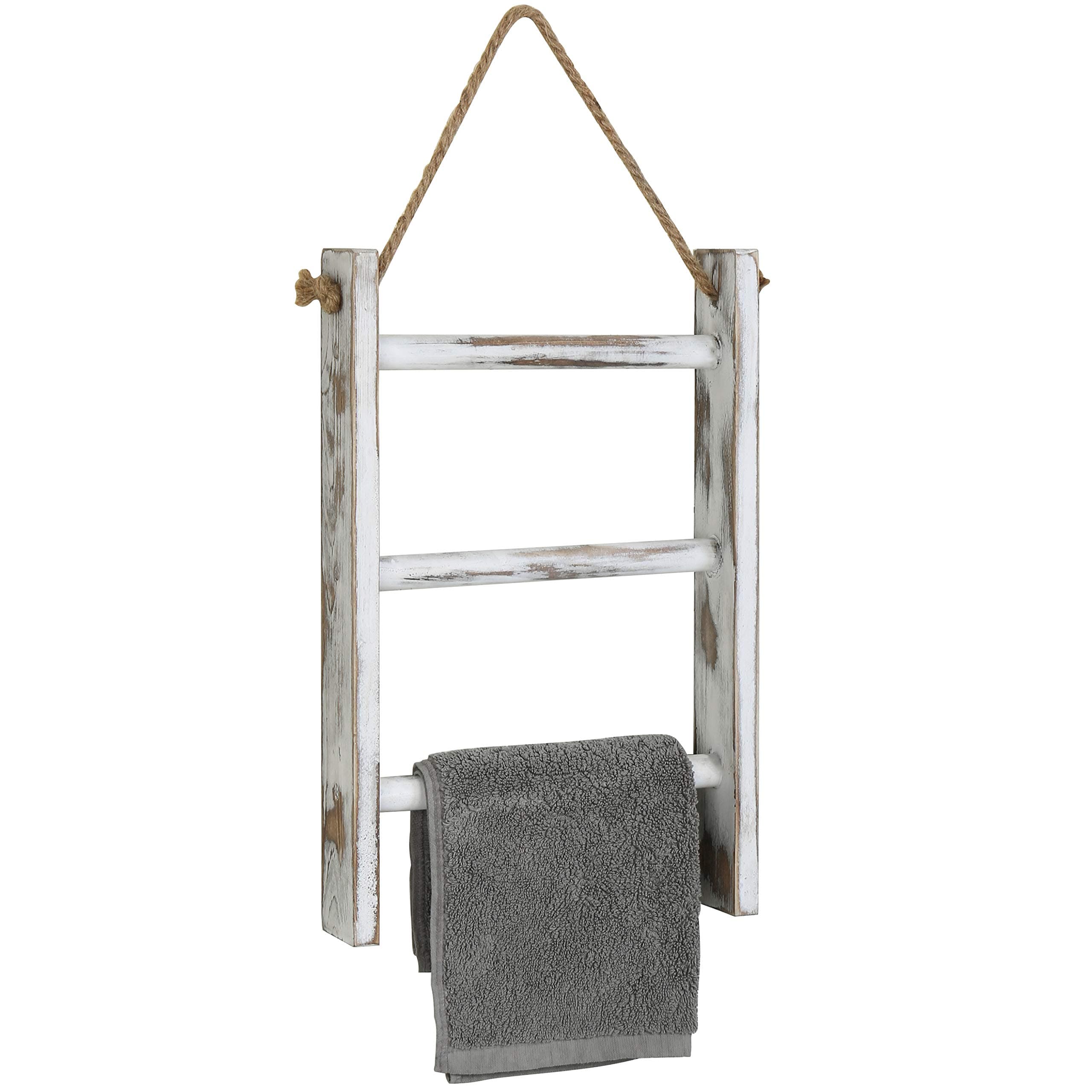 MyGift Rustic Hand Towel Holder, Whitewashed Solid Wood Farmhouse Bathroom Decor, Small Blanket Ladder for Home Decor, Wall Mounted Towel Rack for Shabby Chic Decor