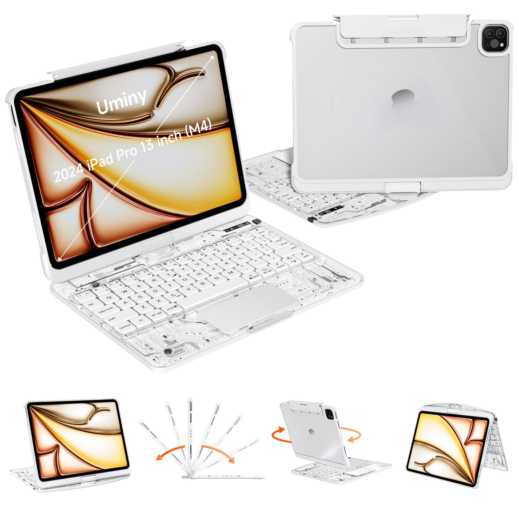Transparent Keyboard Case for iPad Pro 13 Inch (M5 2025/M4 2024) with Multi-Touch Trackpad, 360° Rotating Stand, 7-Color 3-Level Backlit, Wireless Bluetooth, Pencil Holder, White