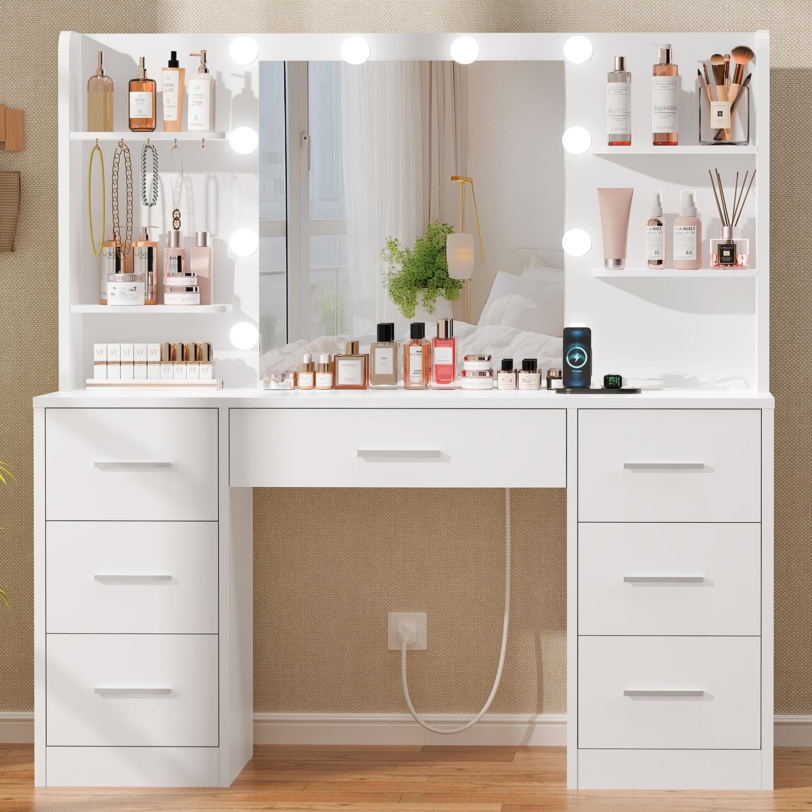 Quimoo 43.3" W Vanity Desk with Mirror and Lights, Power Outlet, Makeup Vanity with 7 Drawers, 4 Shelves and 5 Hooks, Vanity Table Set for Bedroom, Bathroom, White