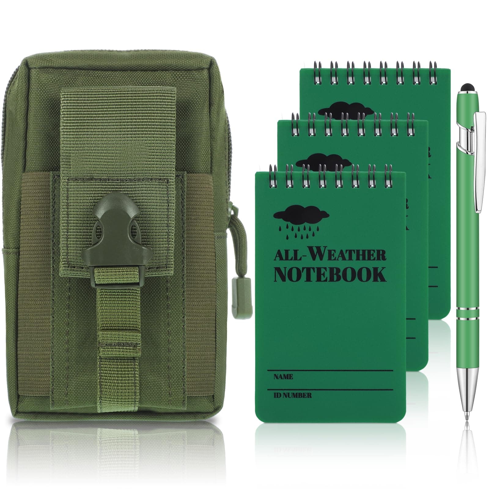 Prudiut 3 Pcs Waterproof Notebook with Weatherproof Pen and Tactical Cover Police Waterproof Notepad 3 x 5 Inch Pocket Notebook for Outdoor Records(Green)