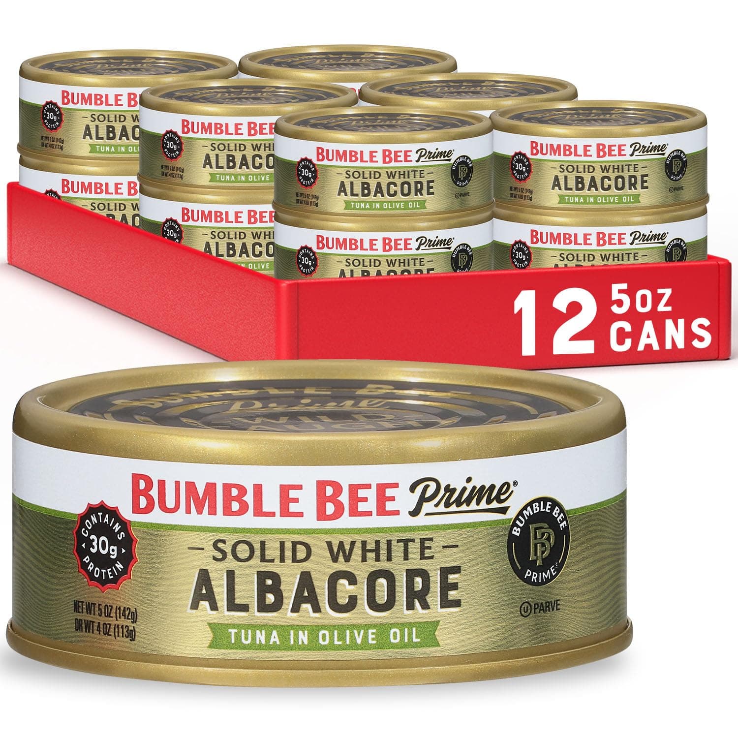 Bumble Bee Prime Solid White Albacore Tuna in Olive Oil, 5 oz Easy Open Cans (Pack of 12) - Premium Wild Caught Tuna - 30g Protein per Serving - Non-GMO Project Verified, Gluten Free, Kosher
