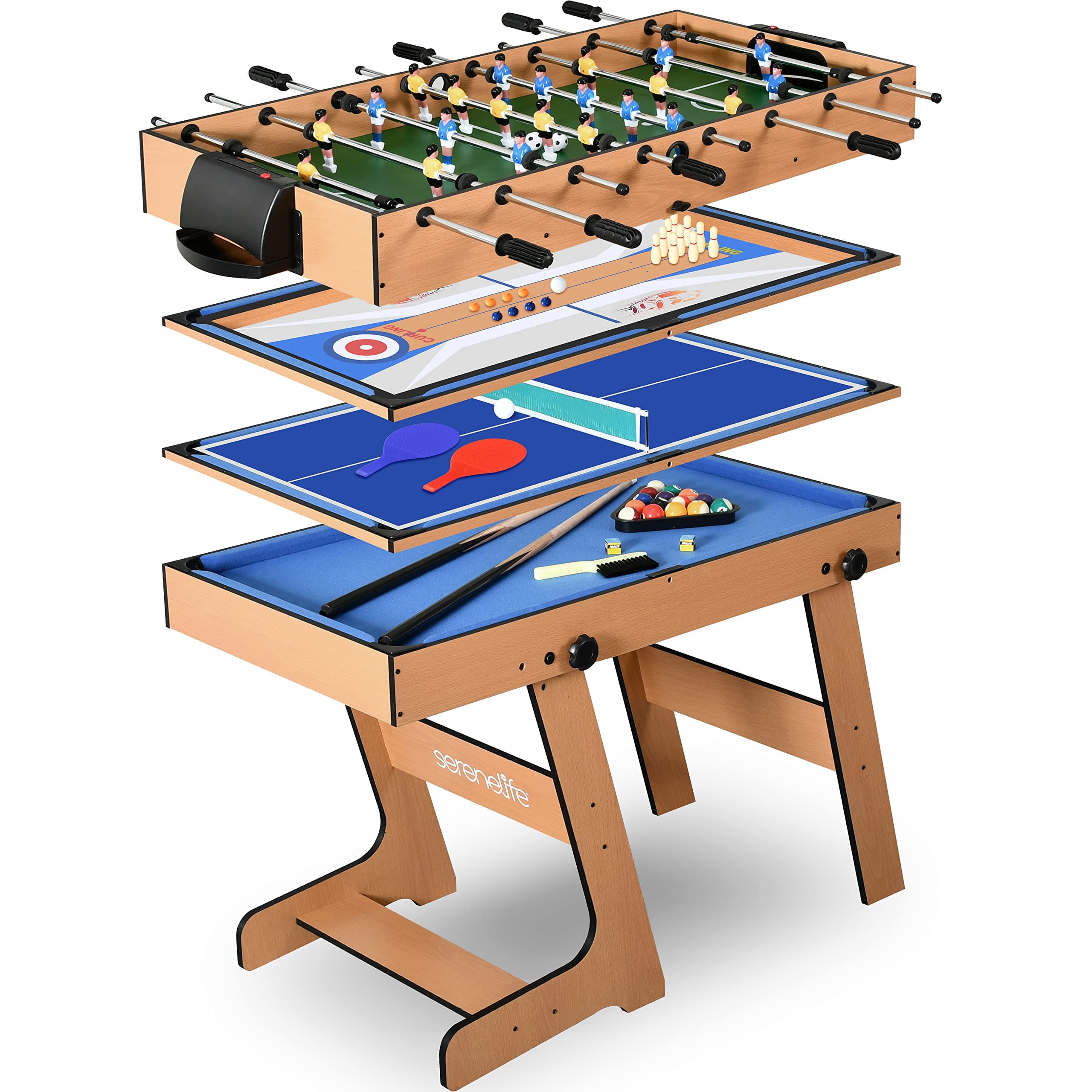 SereneLife Multi Game Table, 48” Sports Arcade Game with Accessories, Ping Pong, Hockey, Pool Billiards, Soccer Foosball All in One, for Indoor and Outdoor, Family, Kids and Adults