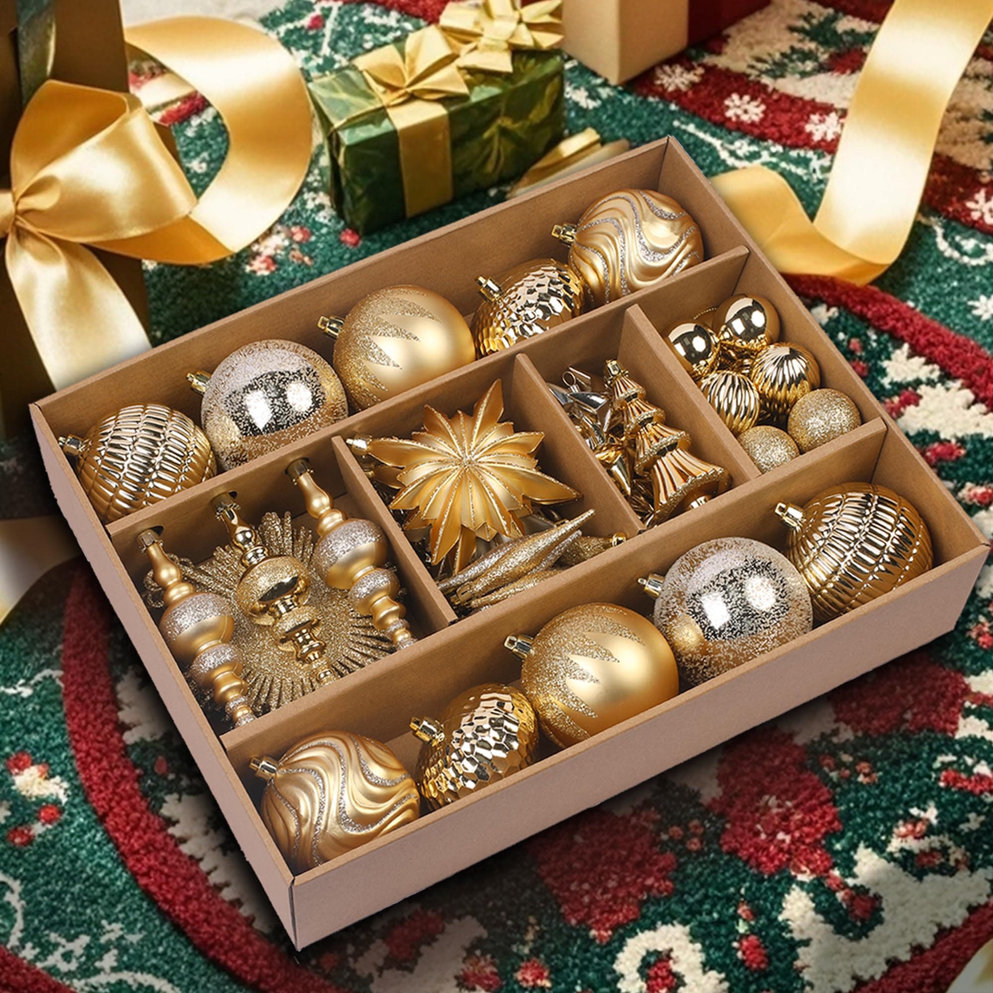 SHareconn 80 Pcs Modern Lightweight Christmas Baubles Set, Luxury Gift Box and Christmas Tree Toppers, Christmas Tree Decorations, Wedding Party, Dark and Light Gold