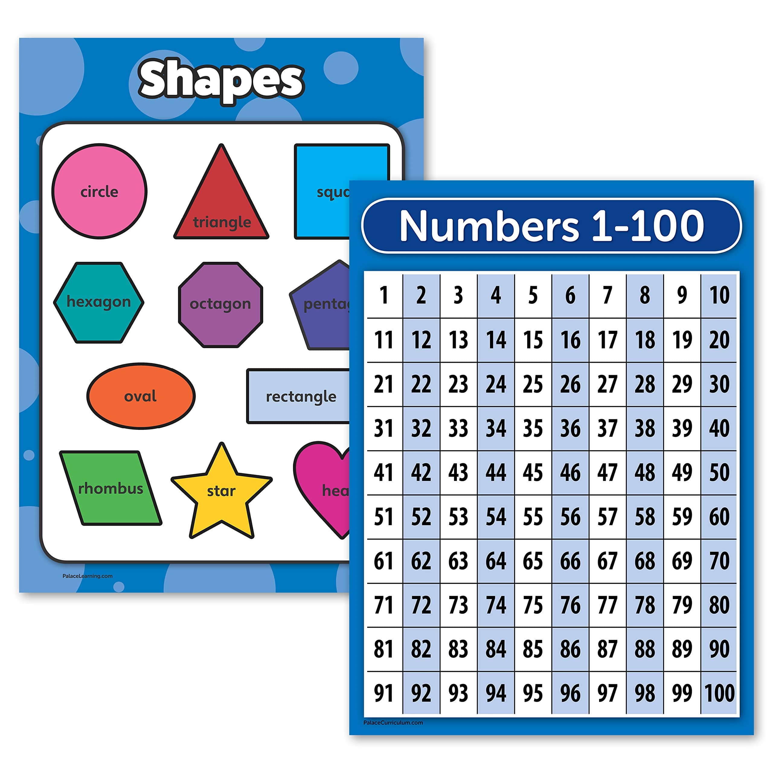 Palace Learning 2 Pack - Shapes & Numbers 1-100 Poster Set - Educational Charts for Kids 18" x 24"