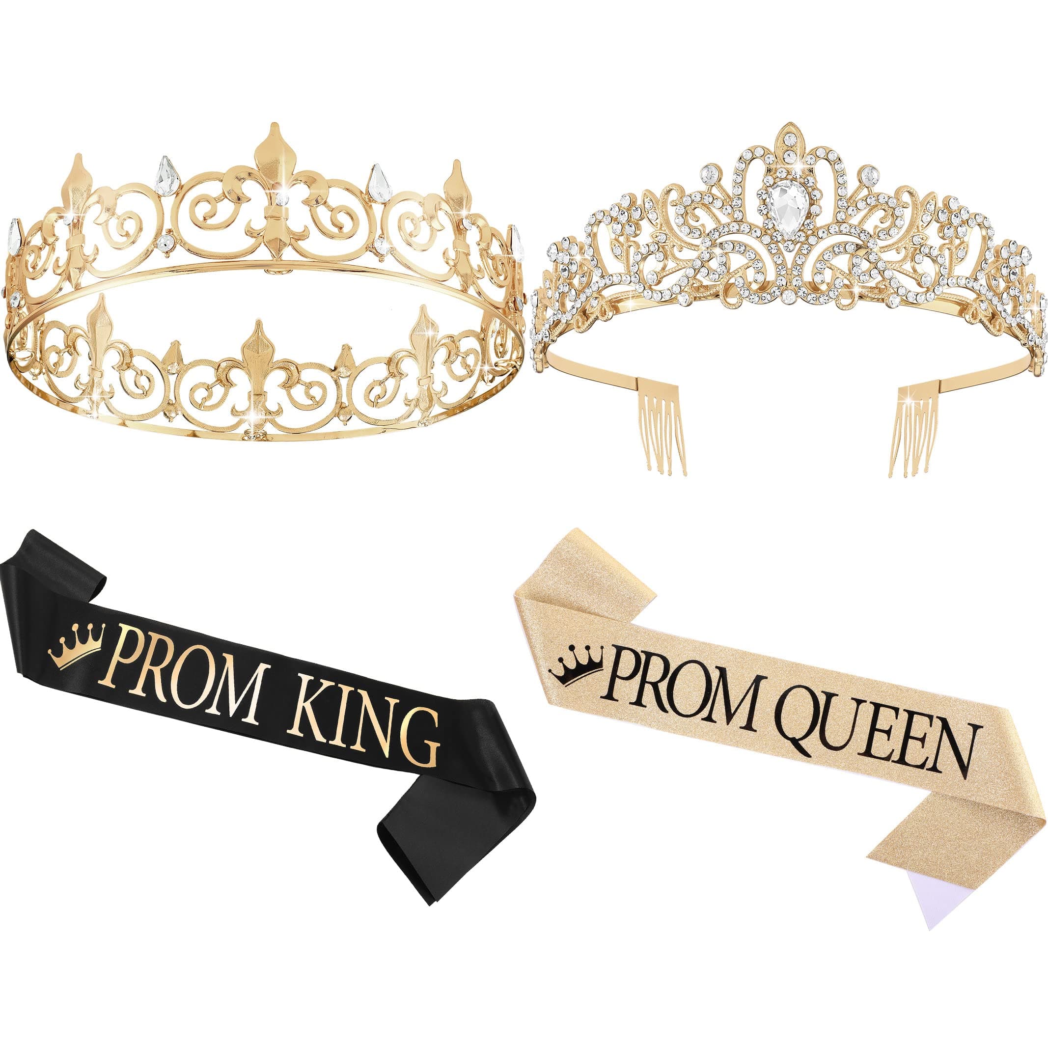 Lyrow 4 Pcs Prom Crowns and Sashes Set Prom King and Queen Tiara with Sash for Graduation Birthday Party Accessories