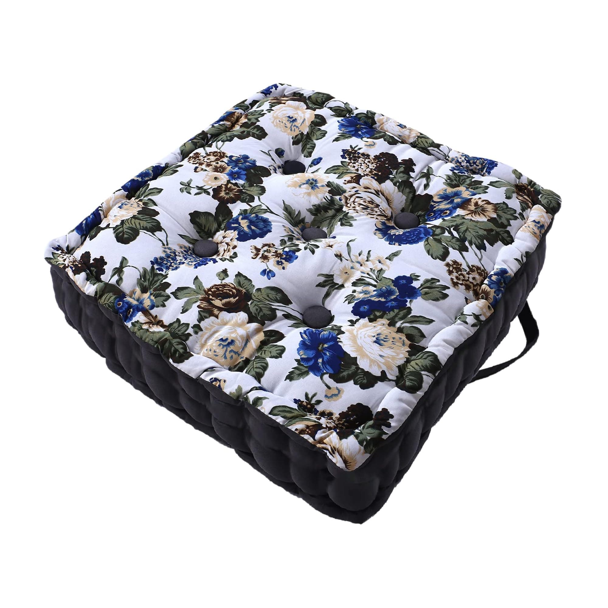 Kuber Industries Chair Pad | Seat Cushion with Button & Handle | Comfortable Seating Pad | Relax Back Chair Pad | Cotton Chair Pad for Car, Office | Square Flower Printed | White