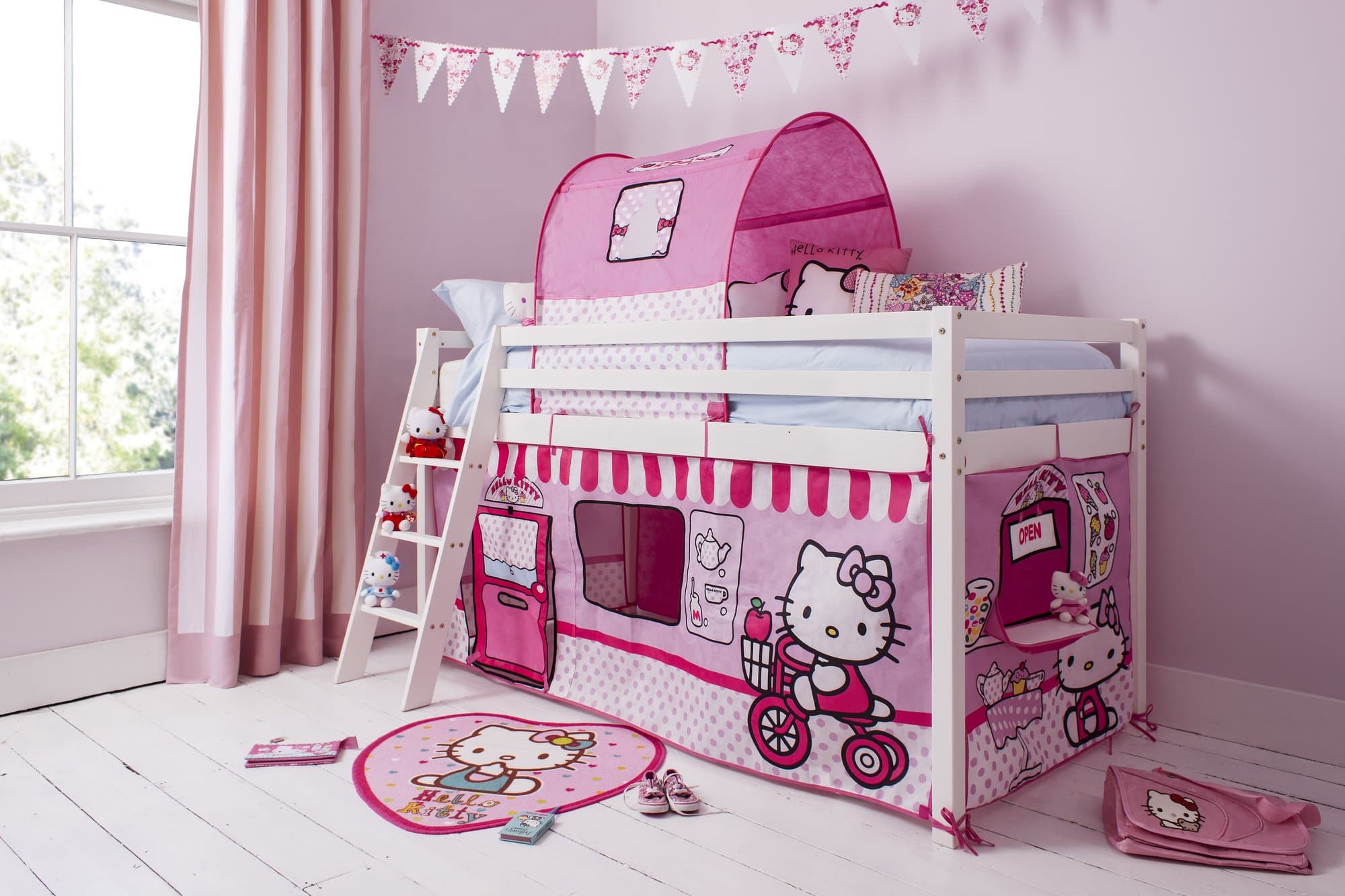 Noa and Nani - Midsleeper Cabin Bed with Hello Kitty Tent - (Whitewashed Pine)