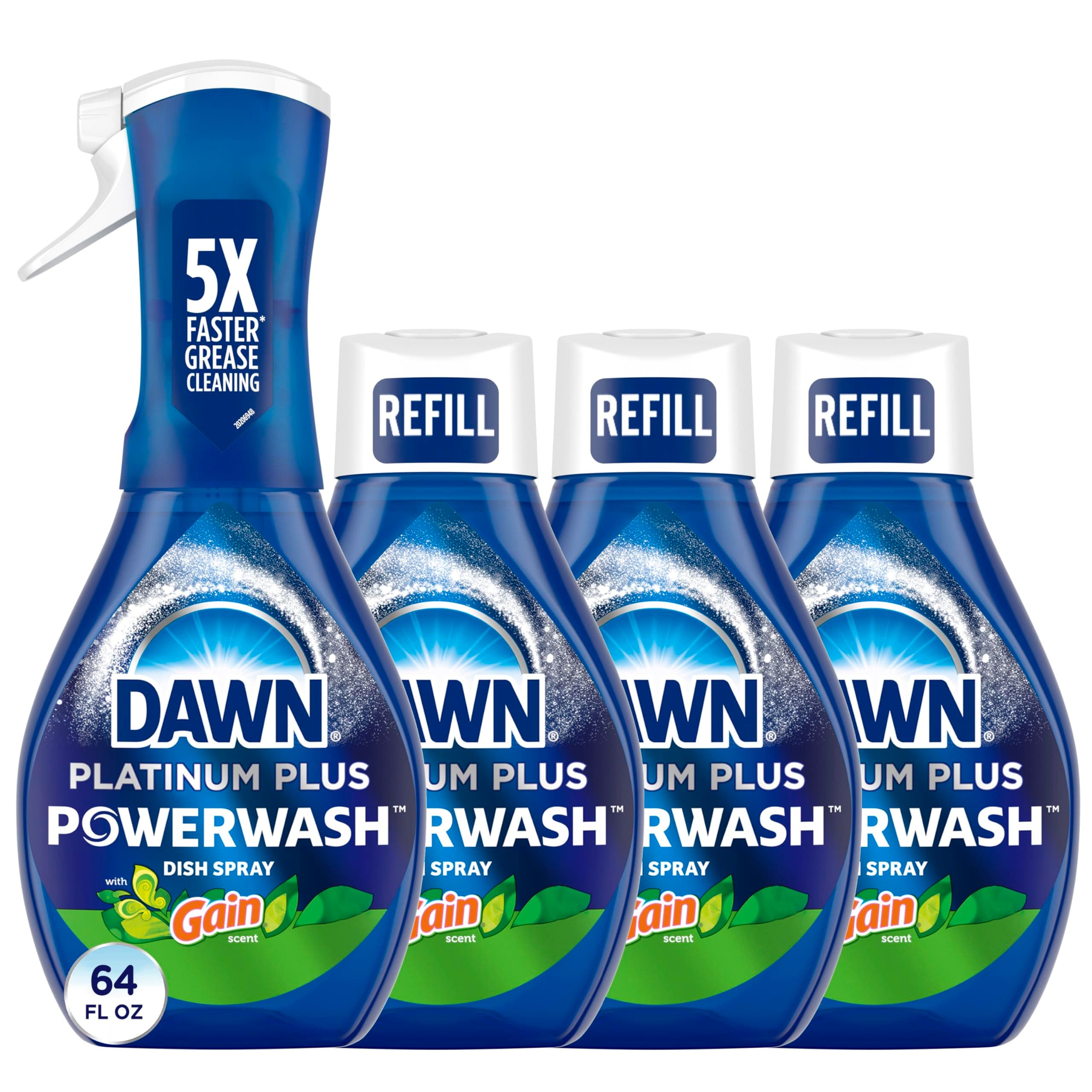 Dawn Powerwash Gain Original Dish Spray, Liquid Dish Soap, Dish Soap Refill, , 1 Starter Kit + 3 Refills, 64 Fl Oz Total (16 fl oz/bottle)