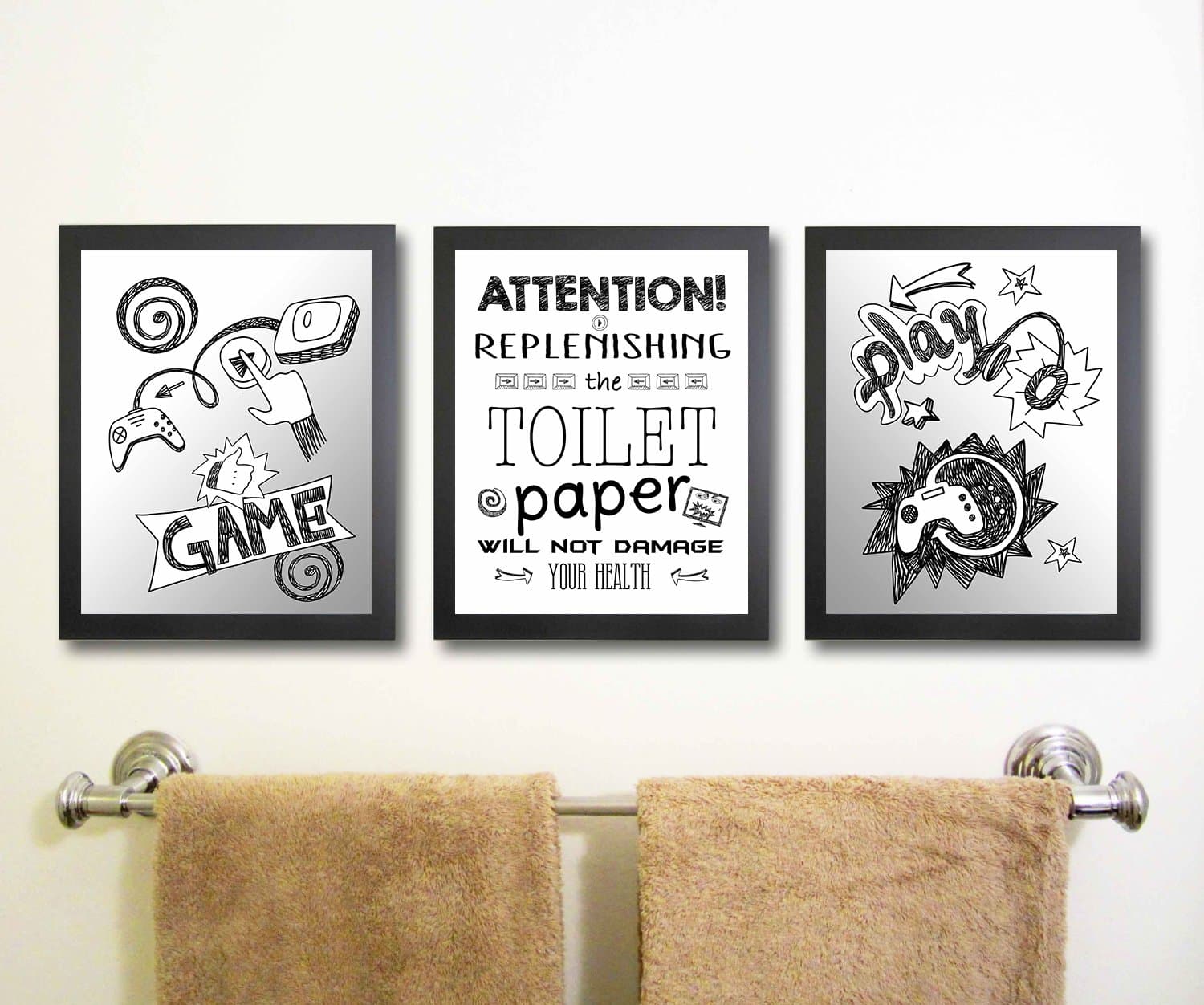 Video Game Themed Art Print Bathroom Wall Decoration (Set or Three) Gamer Bath
