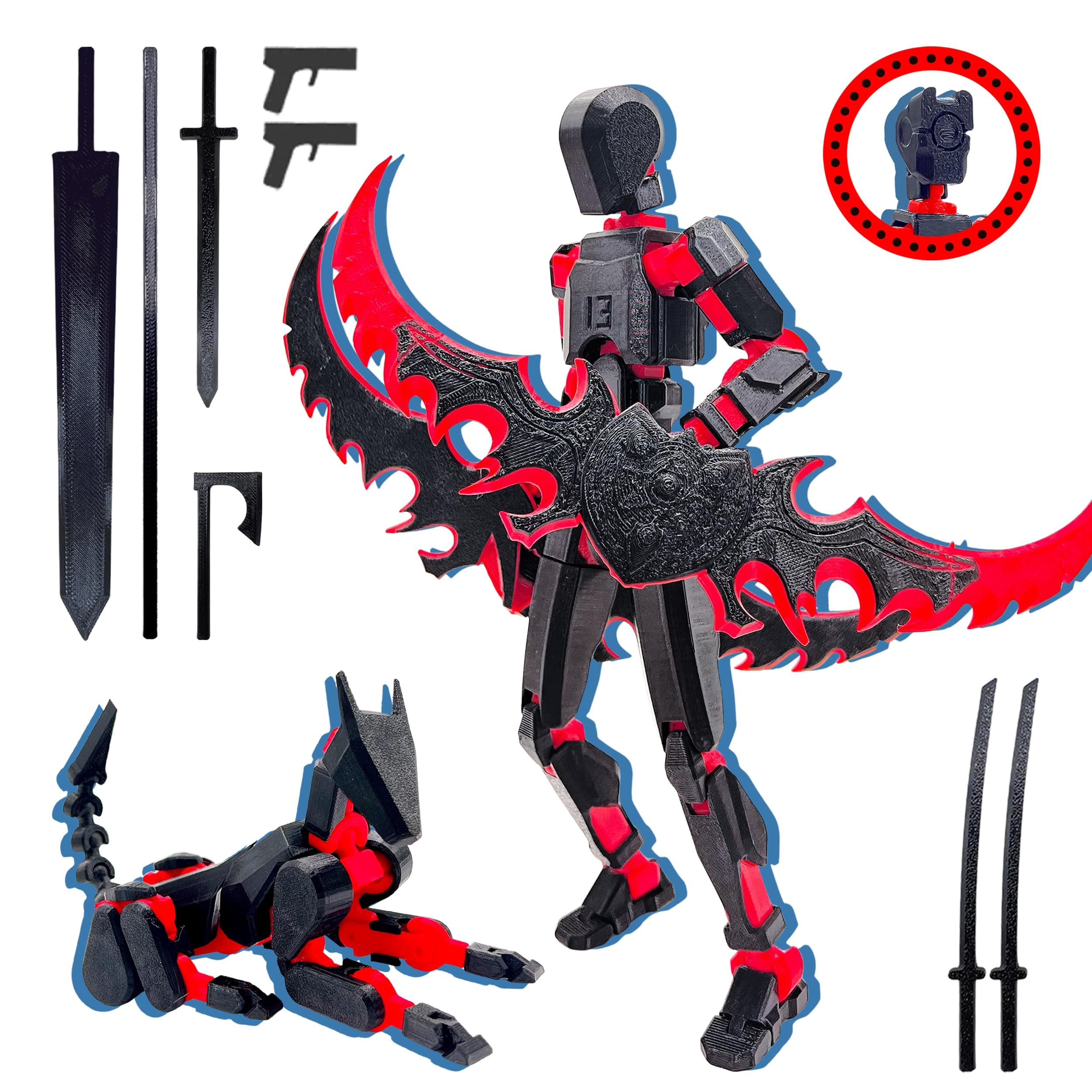 T13 3D Action Figure Set (Assembly Completed),Dummy Robot Titan 13 Action Figures,3D Printed Toys Multi-Jointed Movable (Black/Red)