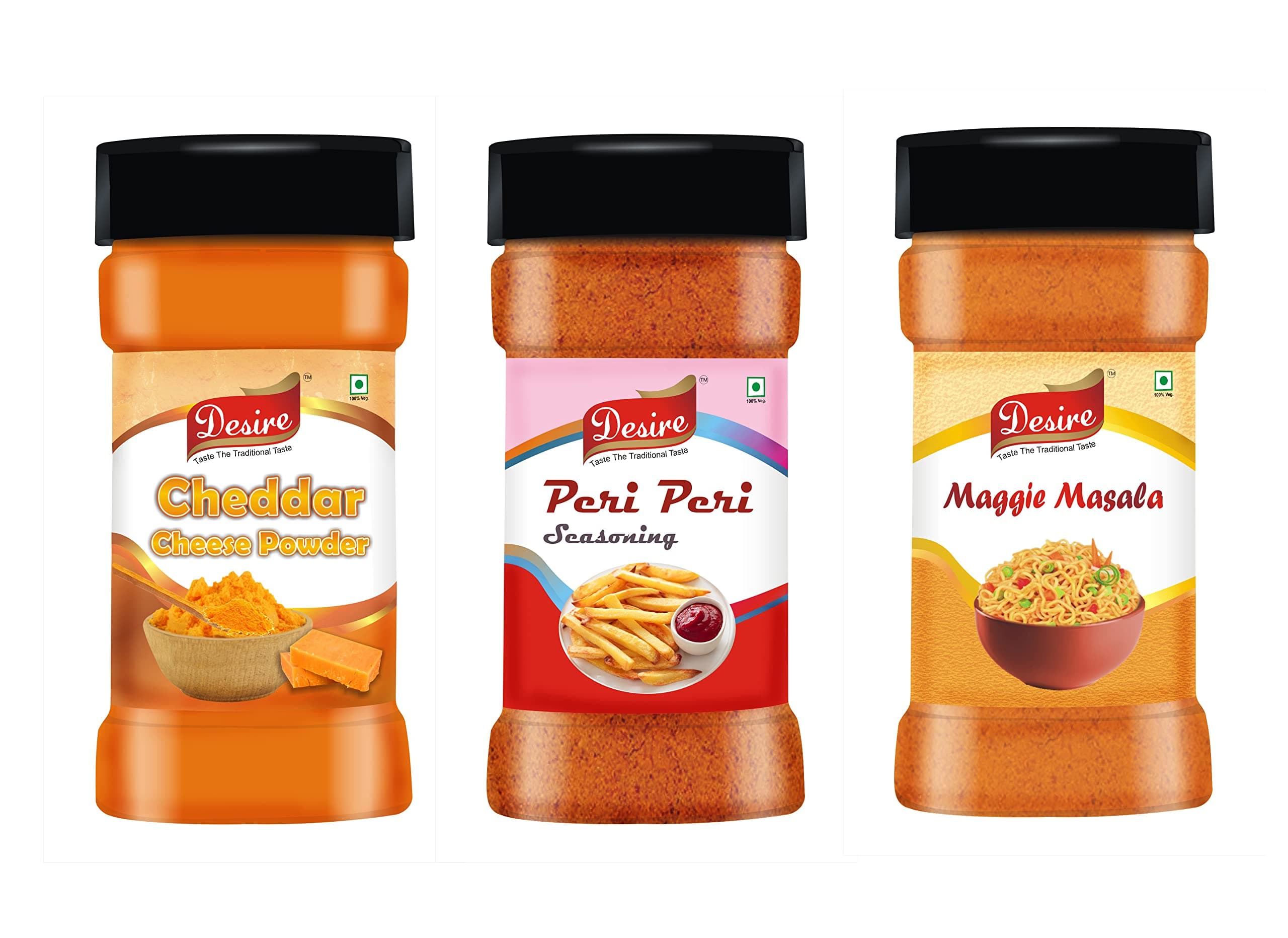 Desire Cheddar Cheese Powder, Maggie Masala, Peri Peri Masala (Multi Seasoning) 100g Each