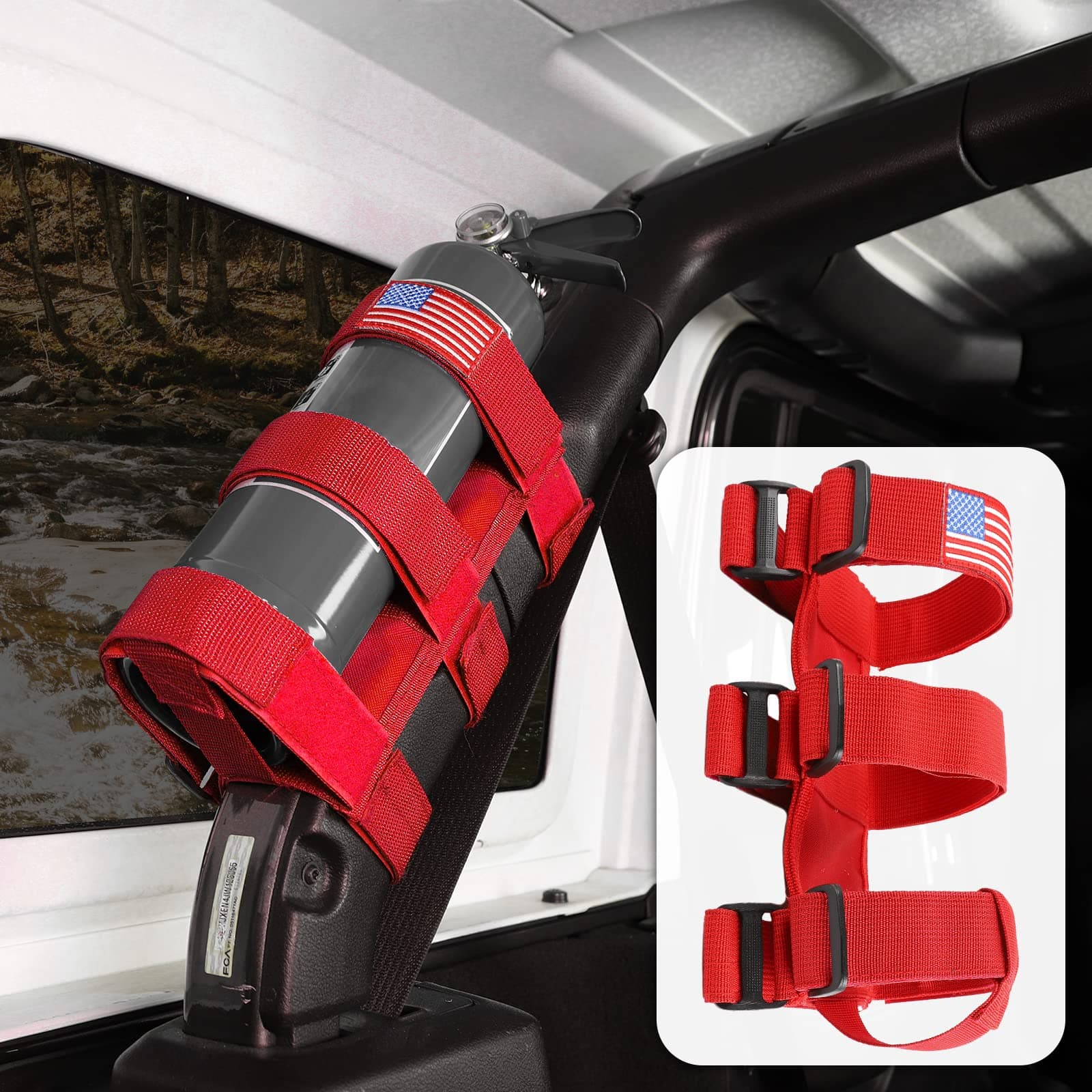Voodonala for Jeep Roll Bar Fire Extinguisher Holder 2.5-3LB Adjustable Strap Bracket Mount for 1965-2024+ Jeep Wrangler TJ CJ YJ JK JKU JL JLU JT, Red, 1pc