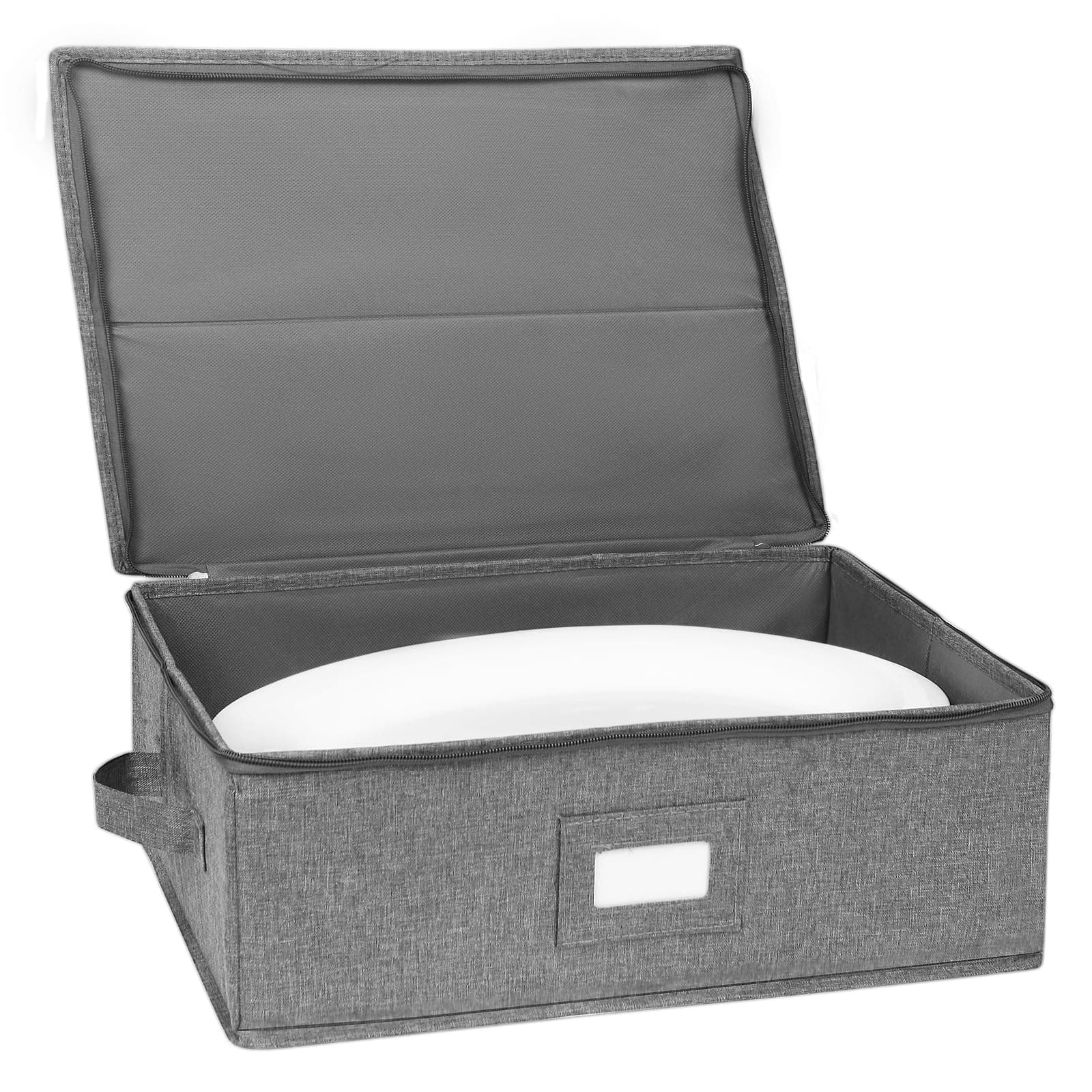 popoly Platter Storage Case, China Storage Containers Hard Shell 17" x 13" x 6", 5 Felt Dividers Included, Structured Top and Stackable (Linen Grey)