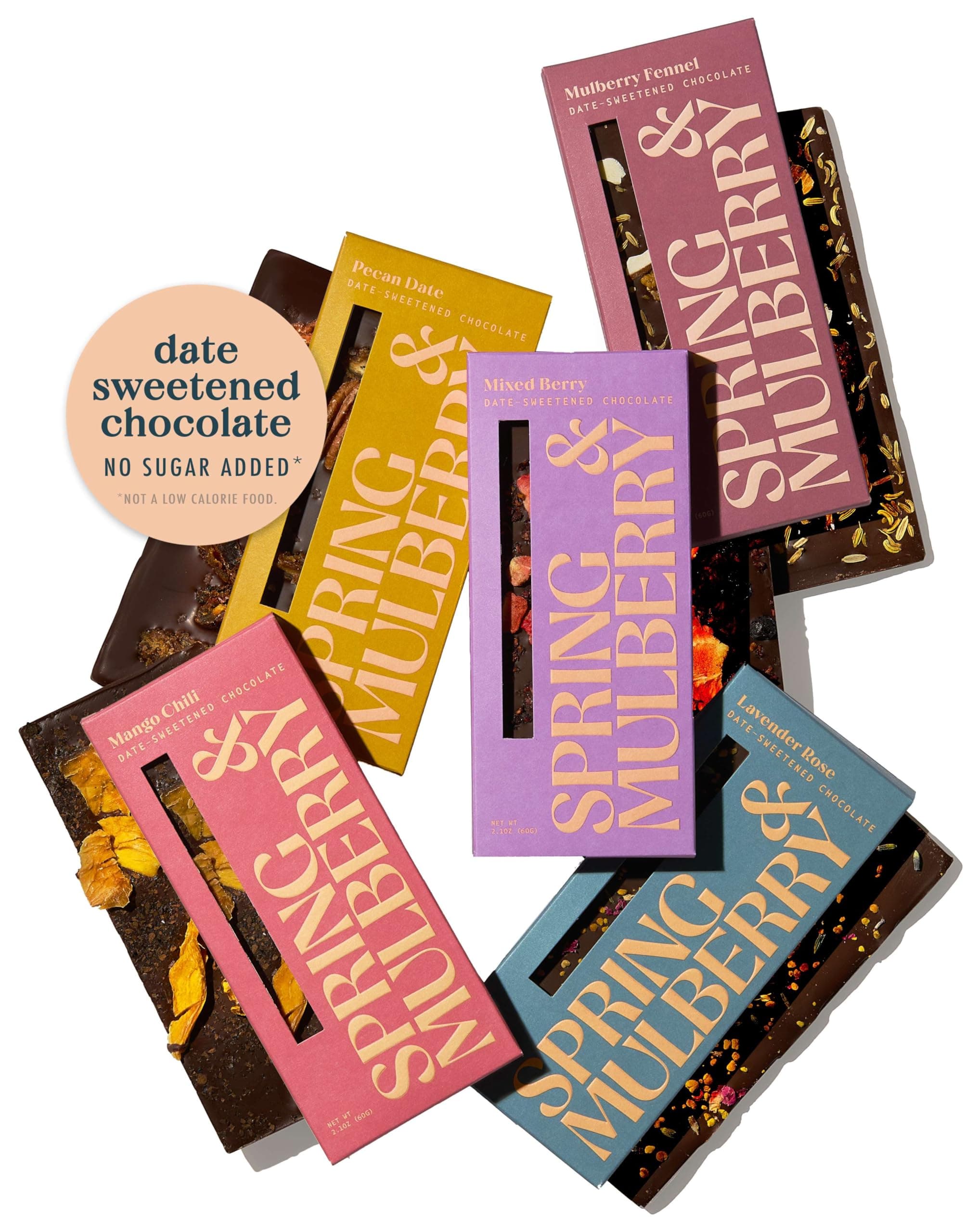 Spring & Mulberry Date-Sweetened Chocolate – 5-Bar Embellished Pack, Flavors with Fruits, Nuts, Spices & Essential Oils for the Perfect Treat