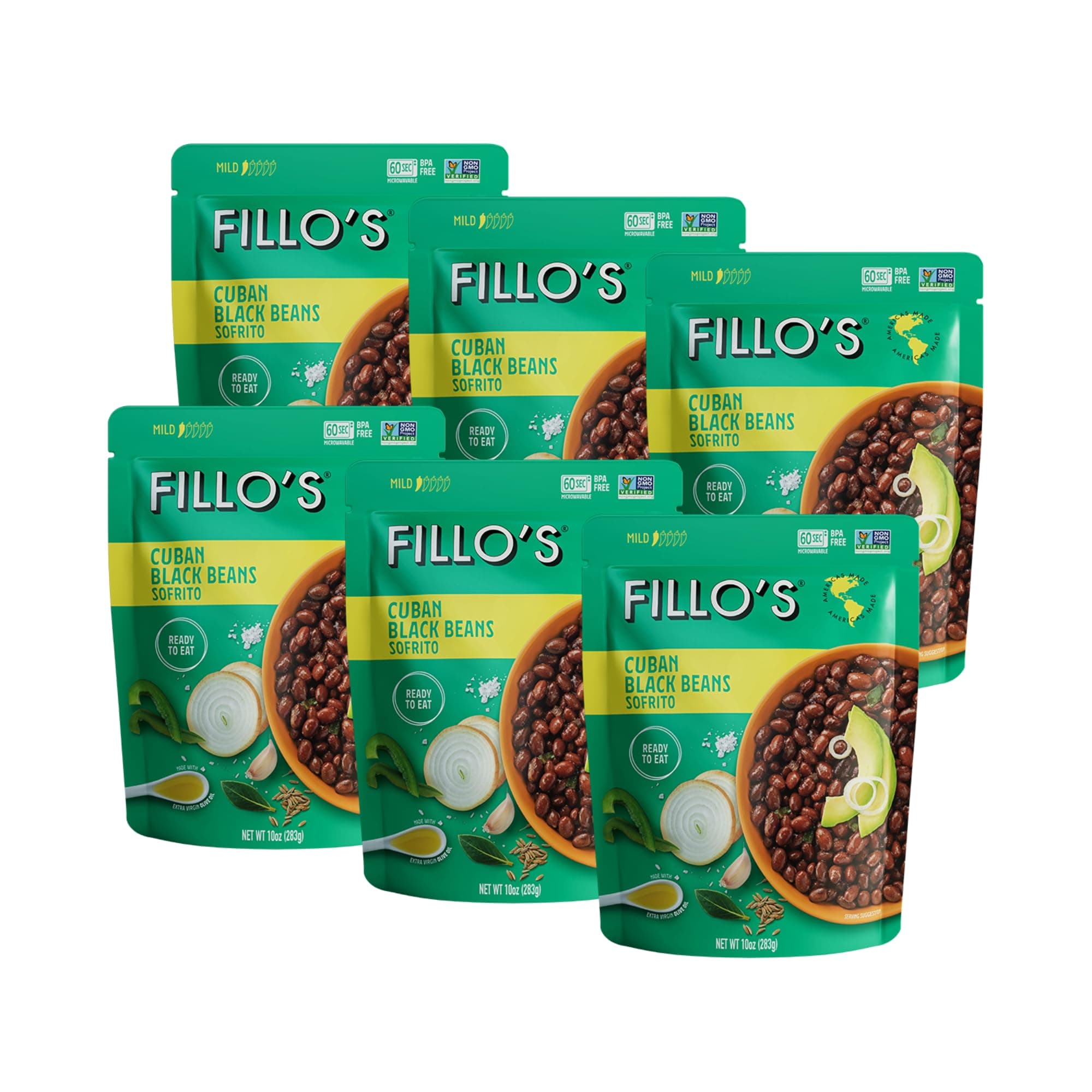 Fillo's Cuban Black Beans, Ready to Eat Sofrito & Beans, 10 oz Pk of 6, Made with Fresh Vegetables, Gluten-Free, Preservative-Free, Microwavable, Non-GMO, Plant Protein, Vegan Friendly