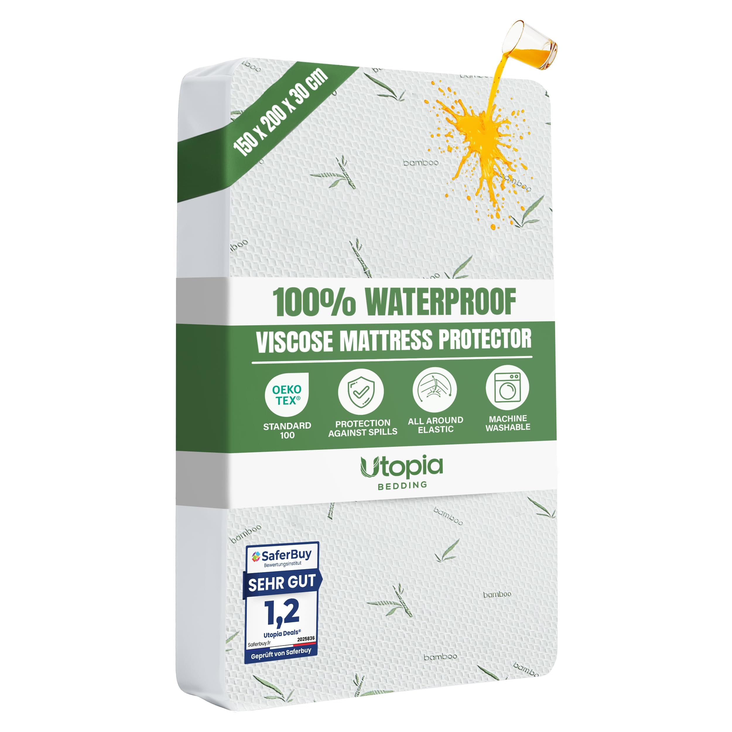 Waterproof Viscose Mattress Protector, King Bed Size 150 x 200 x 30 cm, Premium Viscose Mattress Cover, OEKO-Tex Certified, Breathable and Machine Washable
