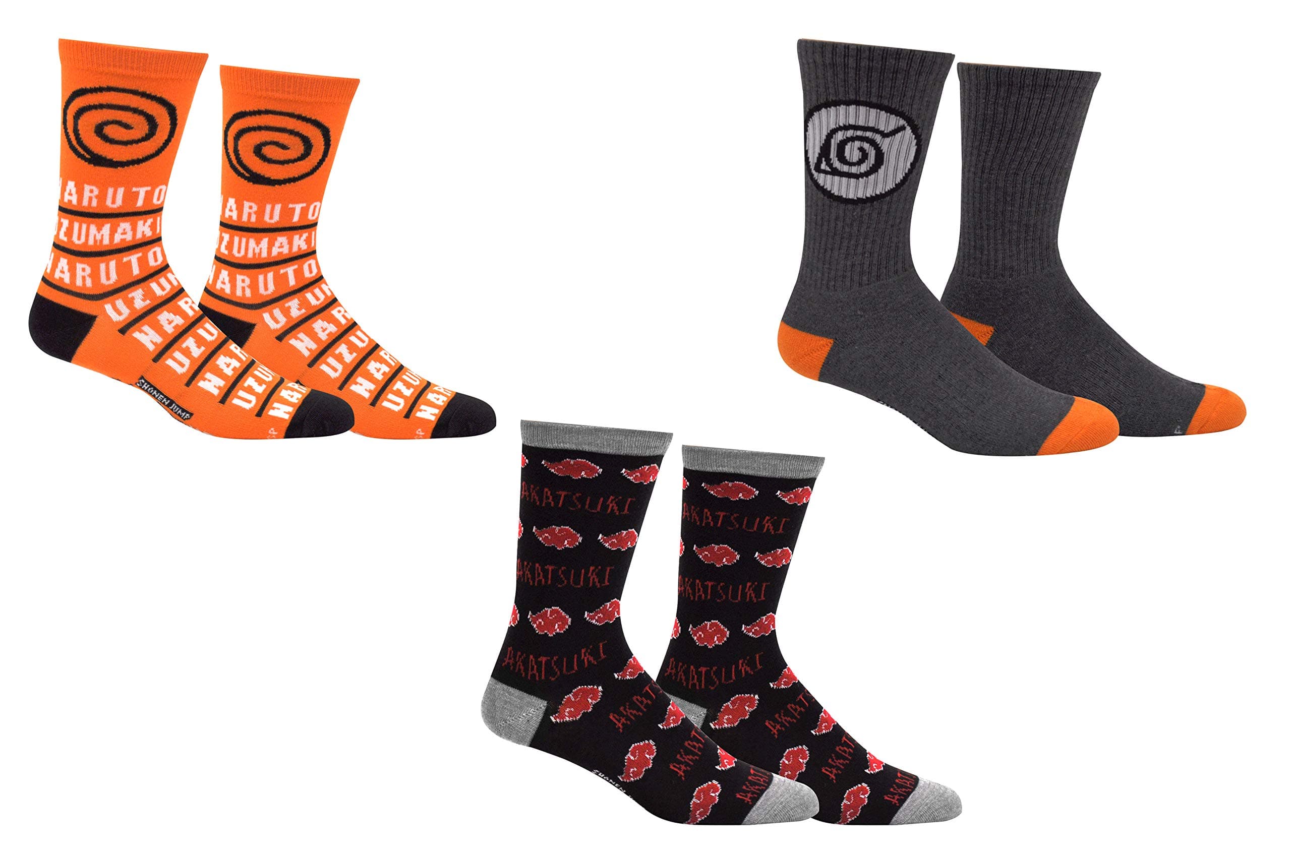 Everything Legwear Naruto Shippuden Socks Cosplay (3 Pair) - (1 Size) Akatsuki Socks Naruto Gifts Anime Crew Socks Women & Men's