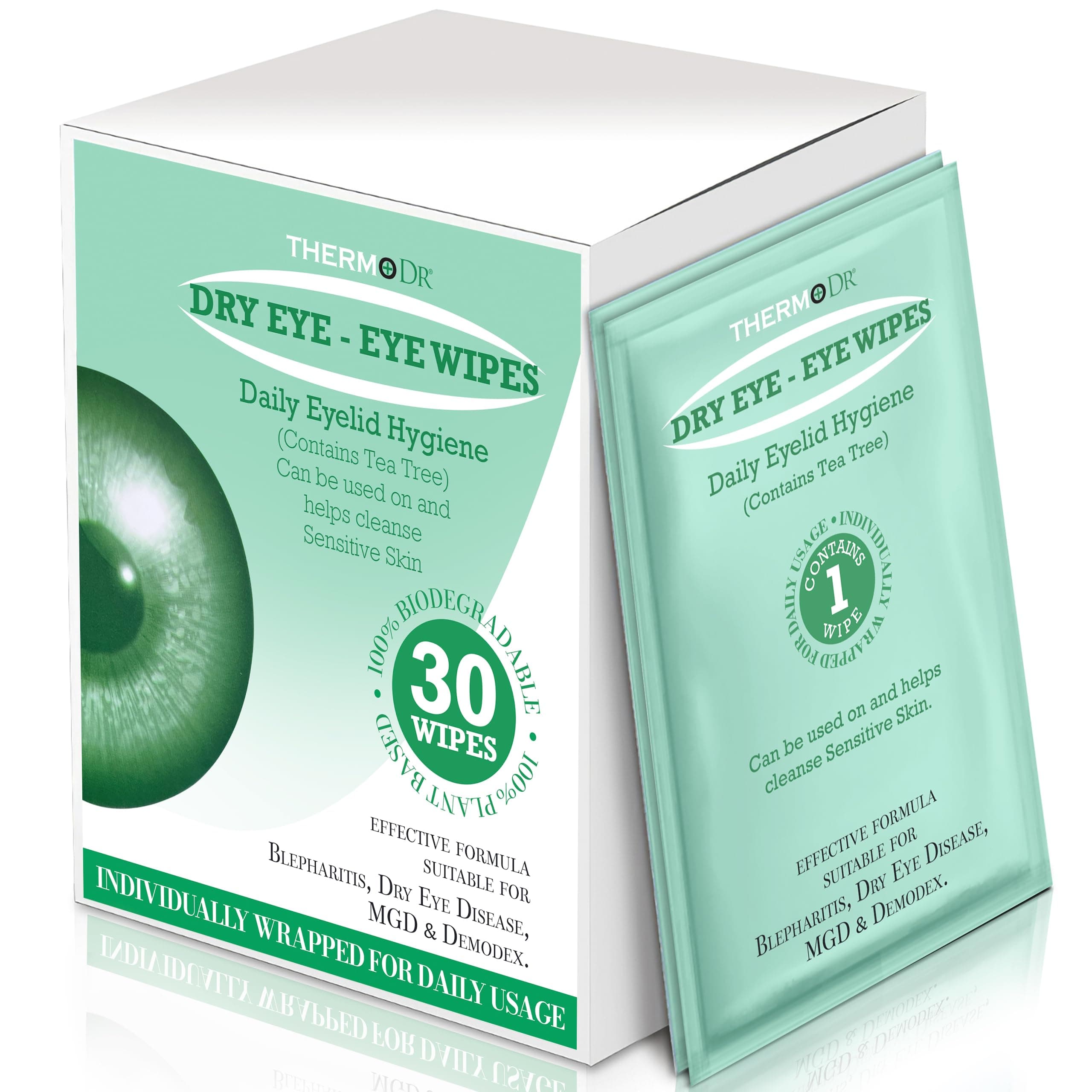 Eye Wipes for Blepharitis & Dry Eyes - Premium Tea Tree Eyelid Wipes for Stye Eye Treatment, Eyelid Dermatitis, Infections - Gentle & Effective, 30x - By ThermoDR