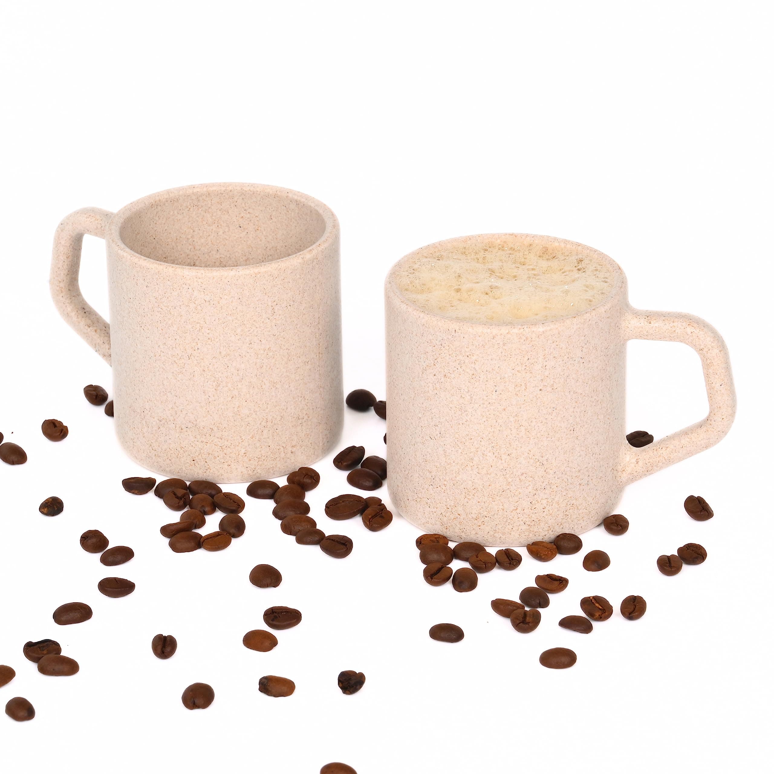 Eha Earth-Friendly Comfy Coffee Cup Set of 2 | 200 ml | Made with Rice Husk & Bamboo Fibers | Microwave Safe | for Hot & Cold Coffee Mug, Tea & Milk | Natural Matte Finish | Sand